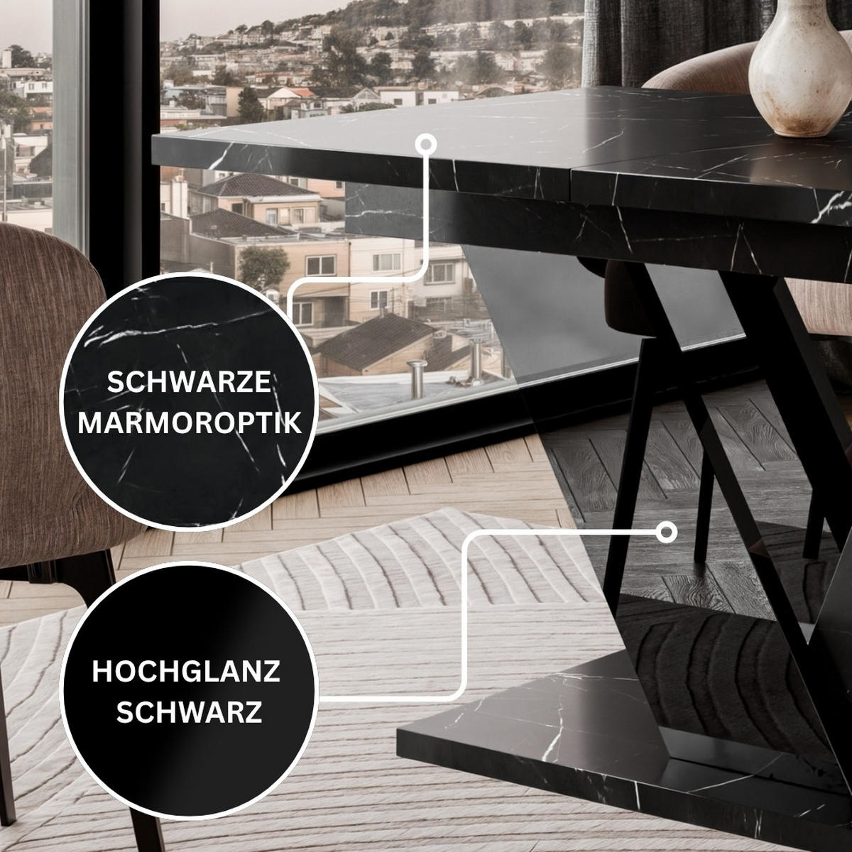ESSTISCH Royal Schwarz Marmoptik Ausziehbar 120 - 160 cm - Schwarz, Holzwerkstoff (120/80/76cm) - PROSPERO