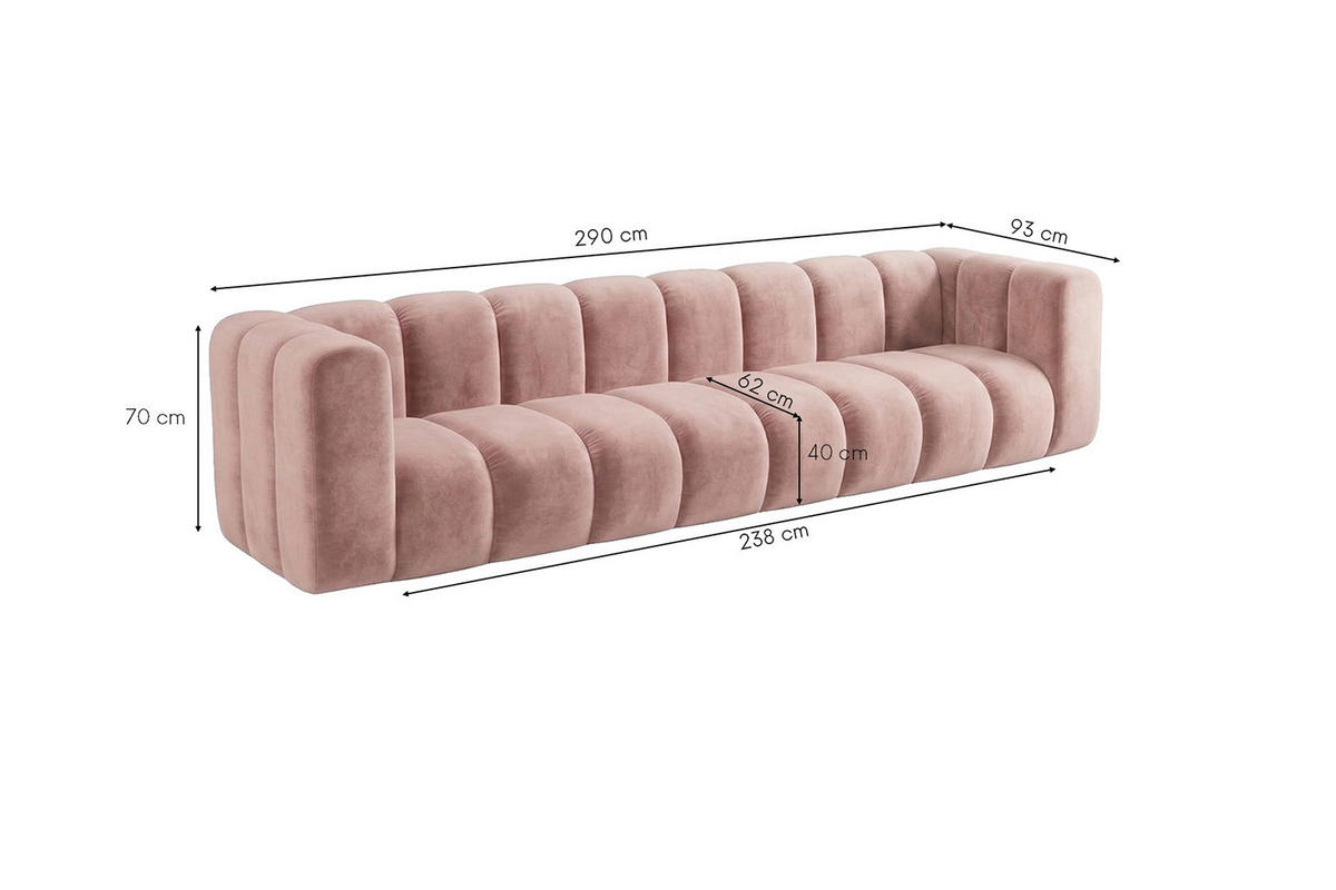 POHOVKA 4místná Modulární, Sametová Látka Riviera, Světle Růžová, GRAND - světle růžová, dřevo (290/70/89cm) - Kaiser Möbel