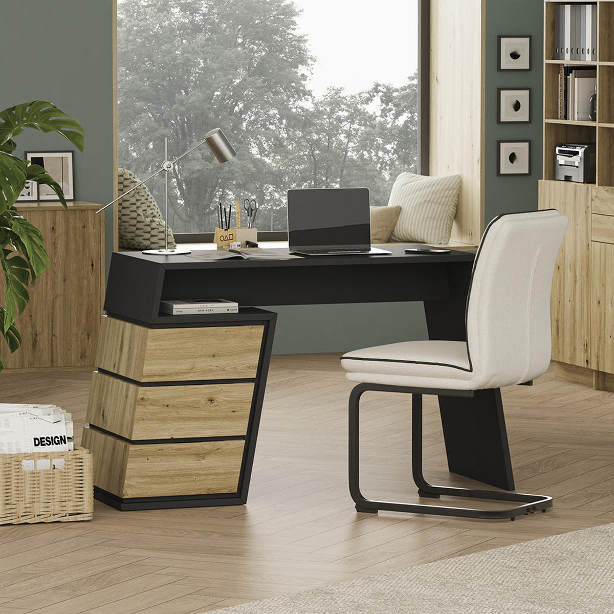 SCHREIBTISCH Okaro Anthrazit/Eiche 105 x 50 cm mit 3 Schubladen - Eichefarben/Anthrazit, Holzwerkstoff (50/105/75cm) - Vicco