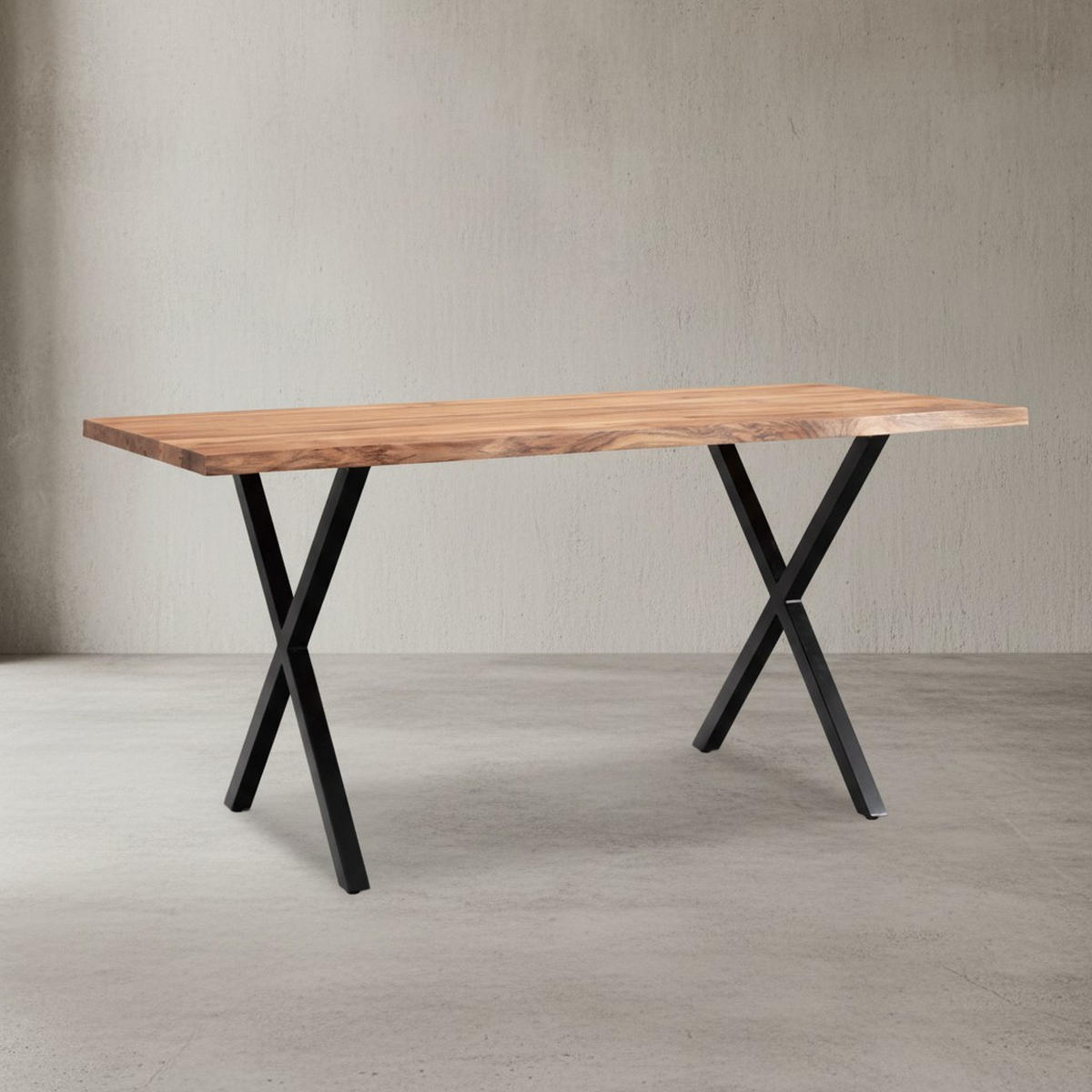 ESSTISCH Massivholz Metall X-Gestell Baumkante Industrial KRETA, Goldbraun-Schwarz 120x60x76 cm - Schwarz/Braun, Holz/Metall (60/120/76cm) - KADIMA DESIGN