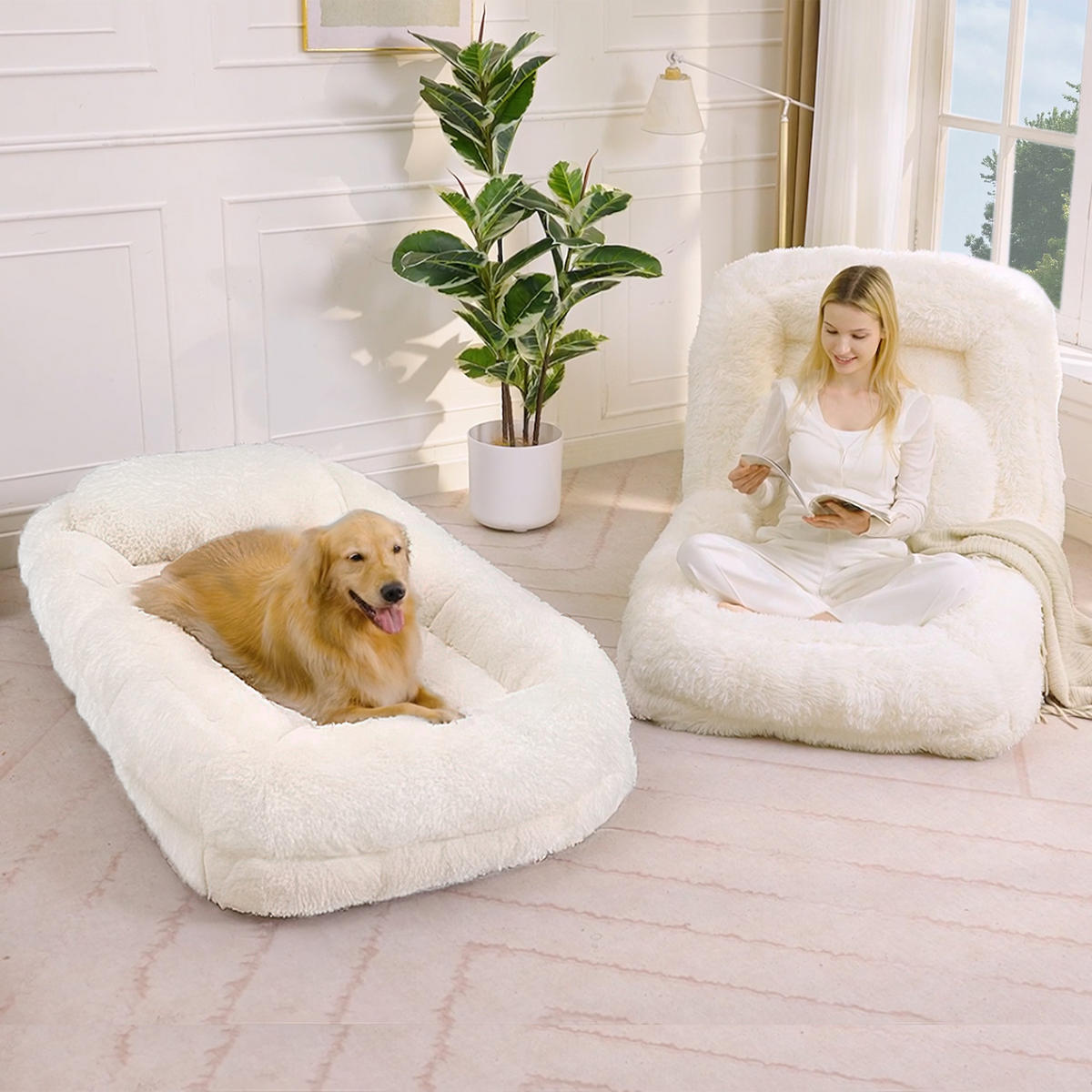 SITZSACK Plüsch Beige mit verstellbarer Rückenlehne - Beige, Holzwerkstoff/Textil (89/42/175cm) - WISHDOR