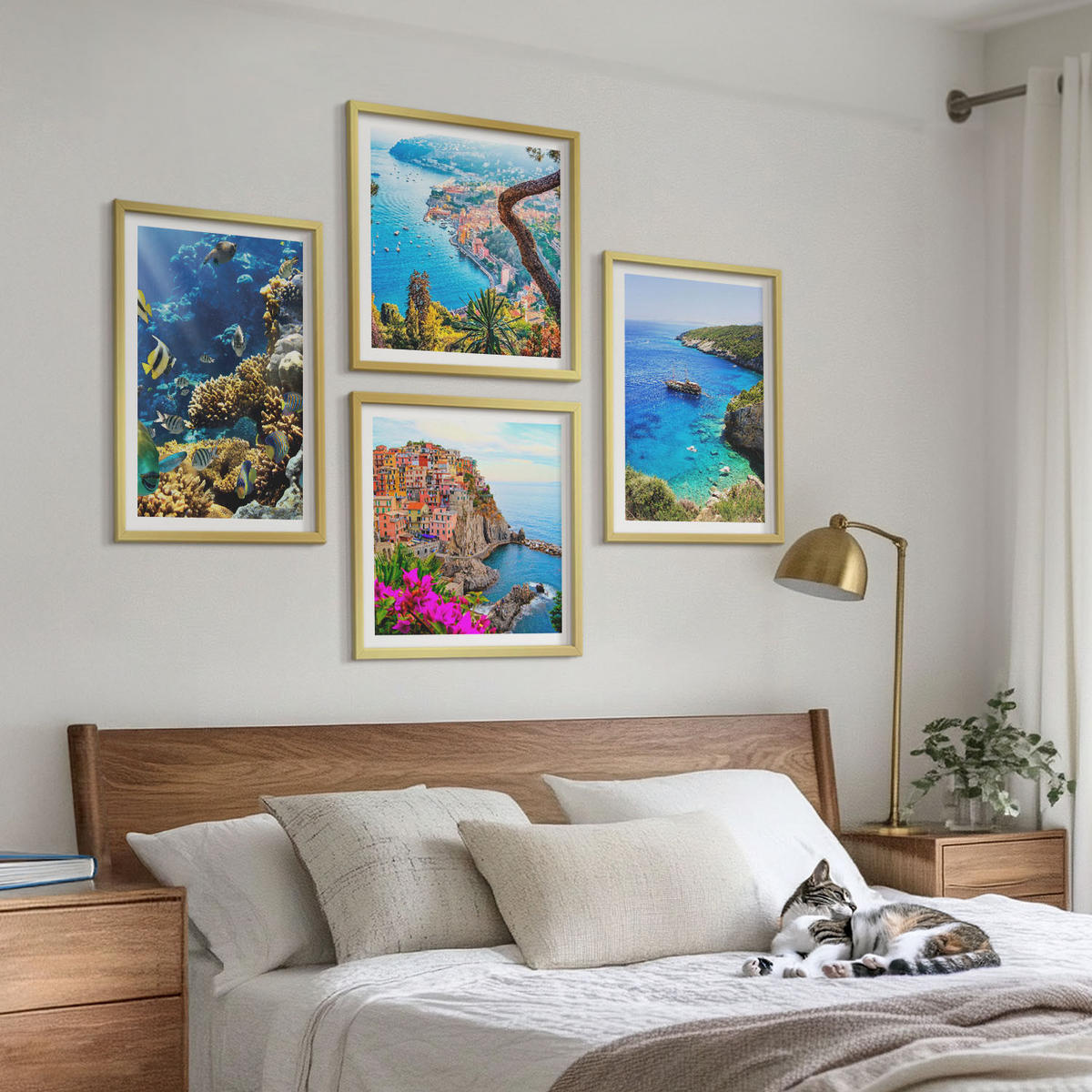 WANDBILDER 4er Set - 50x50 cm & 40x60 cm Goldrahmen - Meerblick, farbenfrohe Häuser - Goldfarben, Kunststoff (50/50cm) - ArtPrintCave
