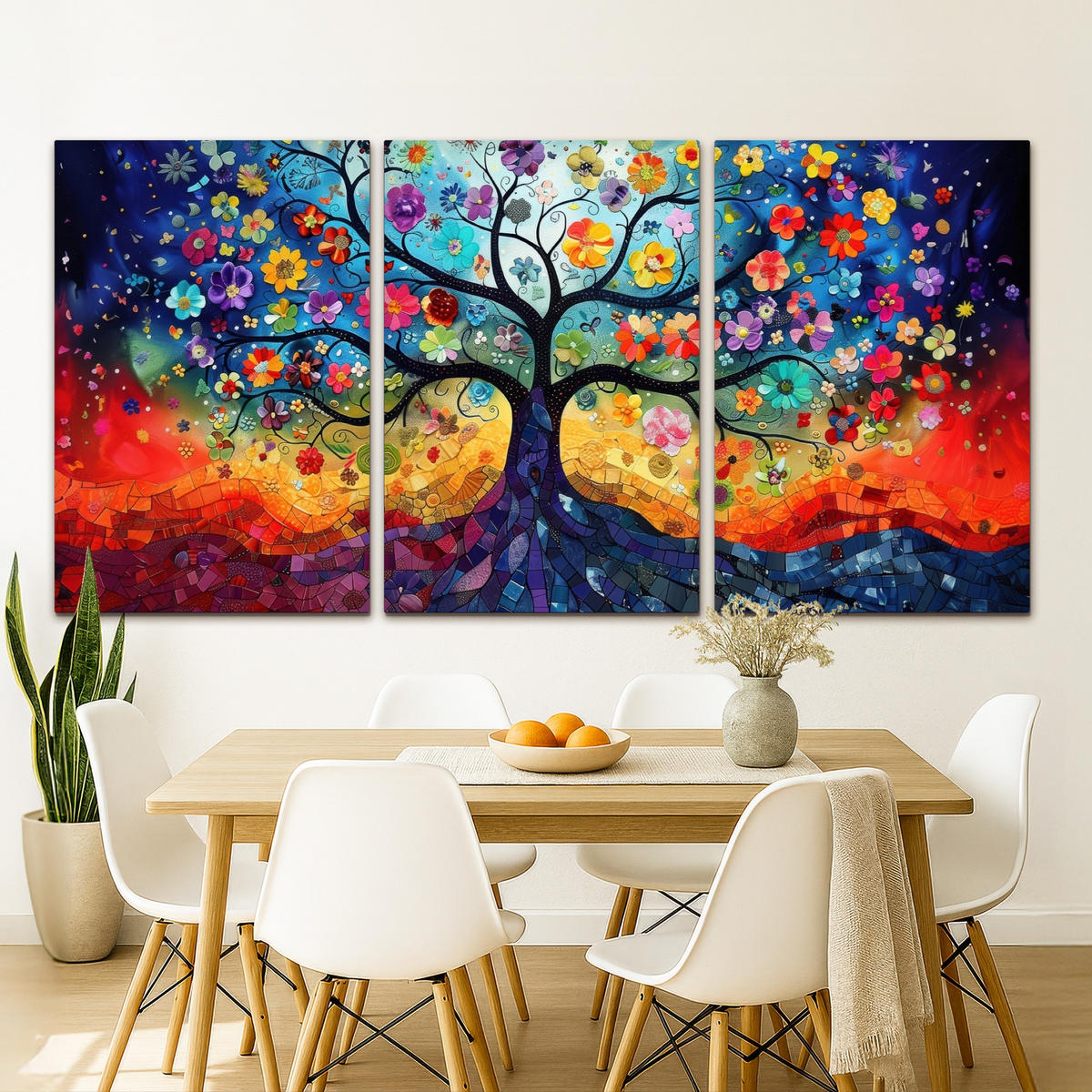 LEINWANDBILD 3er Set Bunt - Baum des Lebens - Blumen - Abstrakt 240x120 cm - Blau, Textil (240/120cm) - MuchoWow