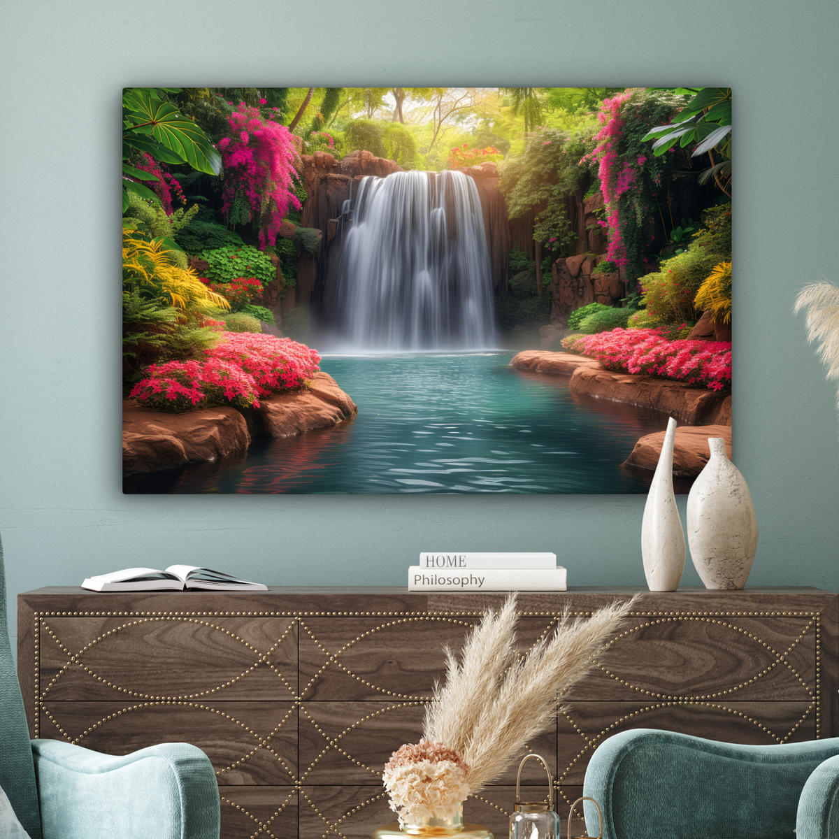 LEINWANDBILD Wasserfall - Natur - Pflanzen - Dschungel - Wasser Wohnzimmer Groß 120x80 cm - Grün, Textil (120/80cm) - MuchoWow
