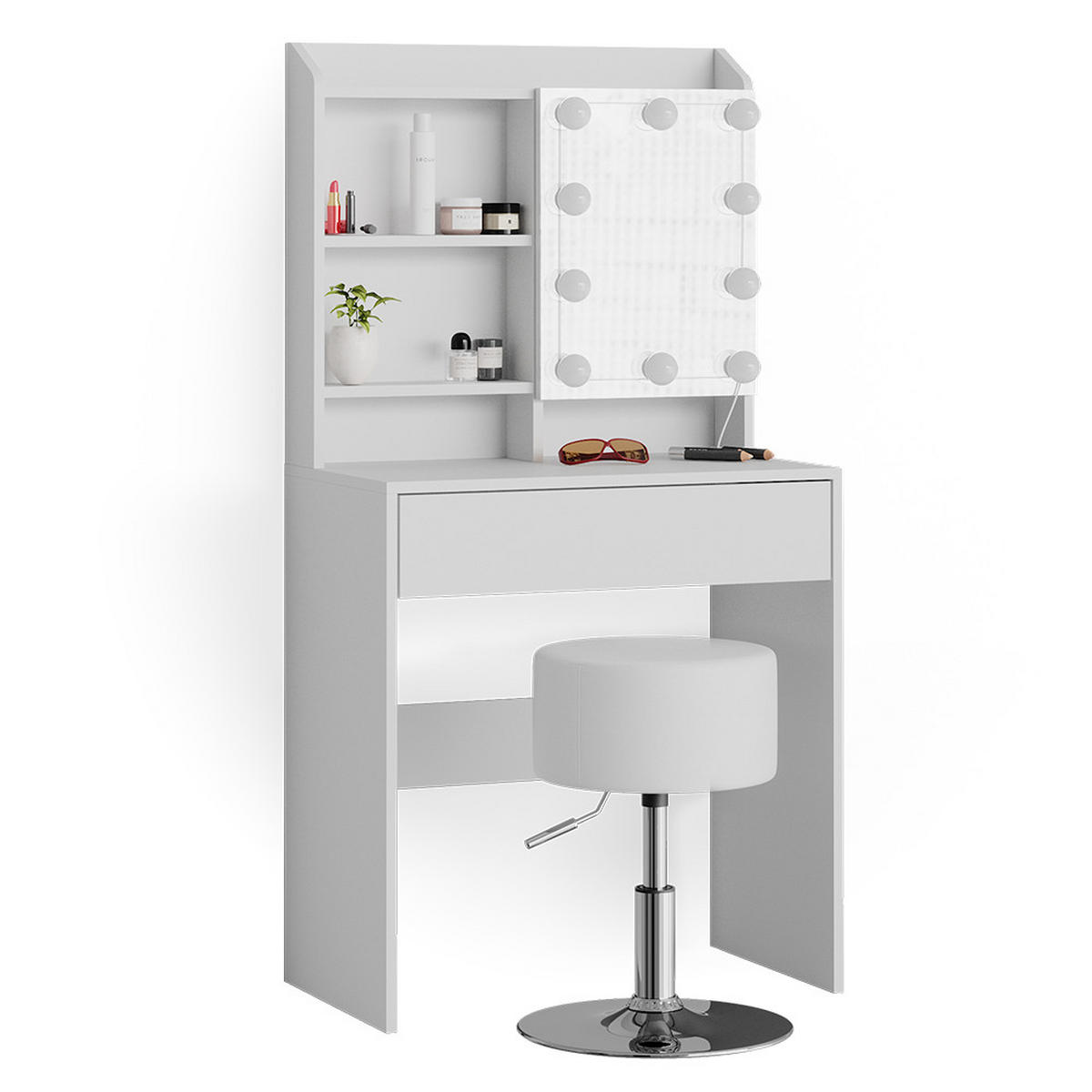 SCHMINKTISCH Laura Weiß 70 cm mit LED Beleuchtung und Hocker - Weiß, Holzwerkstoff (70/136/40cm) - Vicco