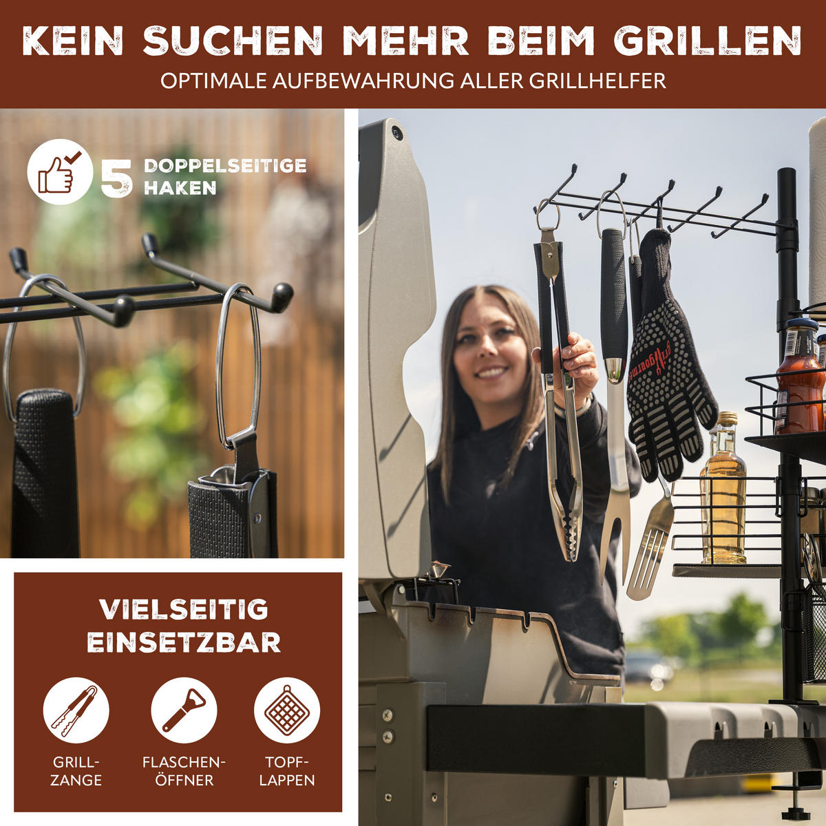 GRILLZUBEHÖR-ORGANIZER 5in1, schwarz, Metall - Schwarz, Metall (35cm) - eluno