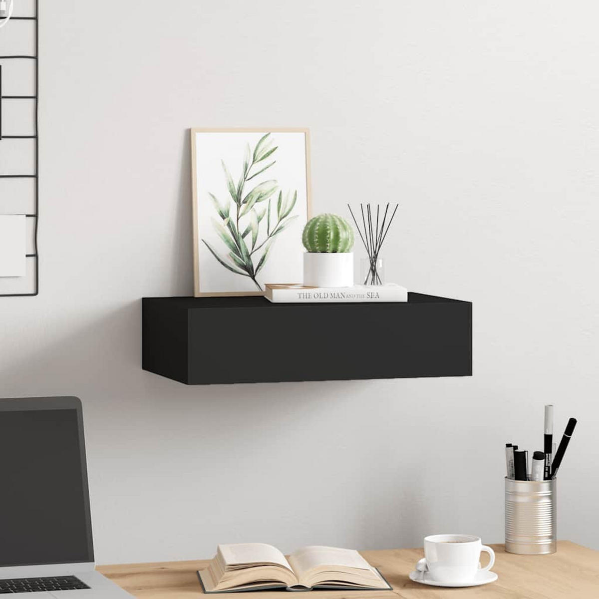 WANDREGAL mit Schublade Schwarz 40x23,5x10 cm MDF - Schwarz, Holzwerkstoff (40/10/23.5cm) - furnicato