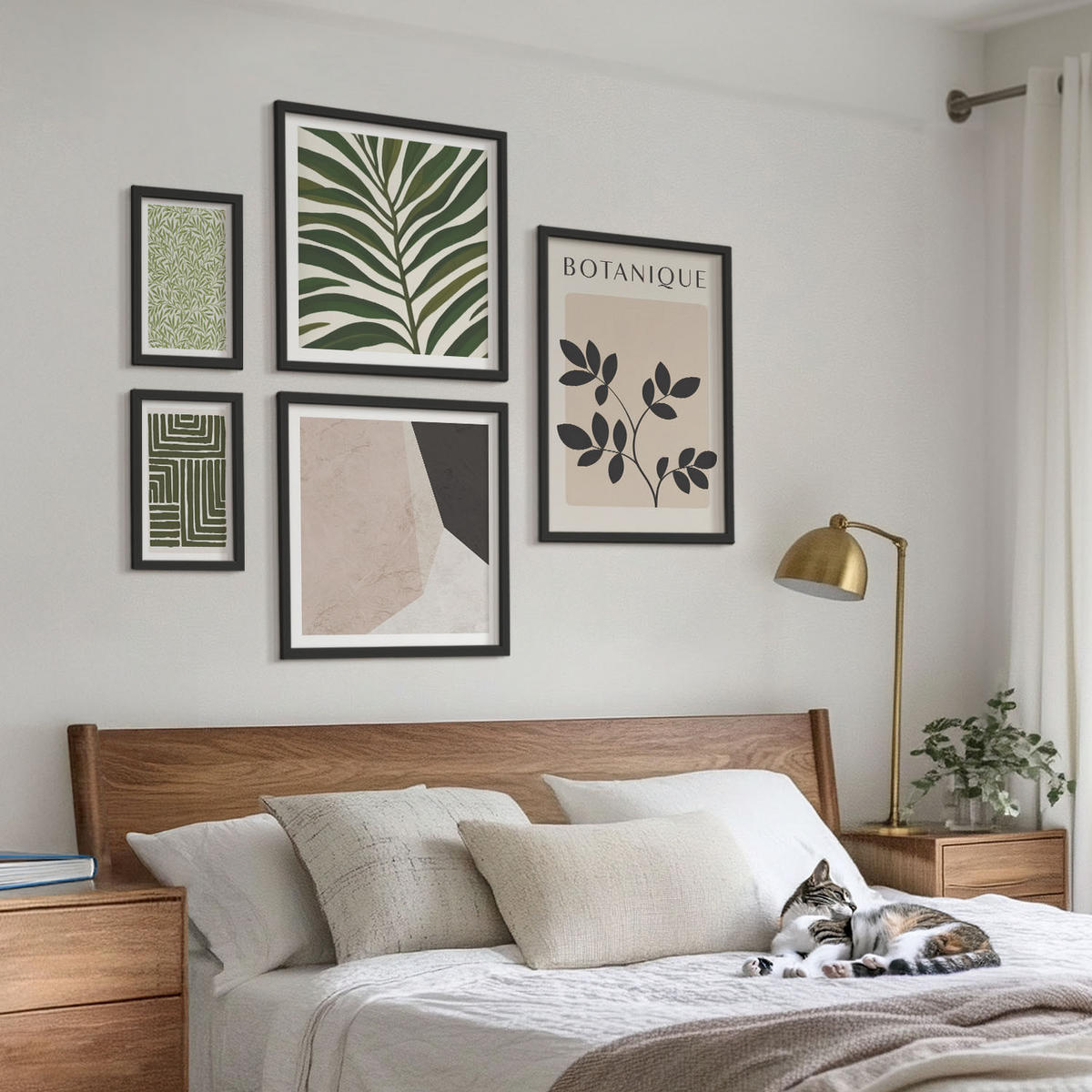 BILDER SET 5er Set - 50x50 cm & 20x30 cm & 40x60 cm Schwarzer Rahmen - Botanische Boho-Kompositionen - Schwarz, Kunststoff (40/60cm) - TULUP
