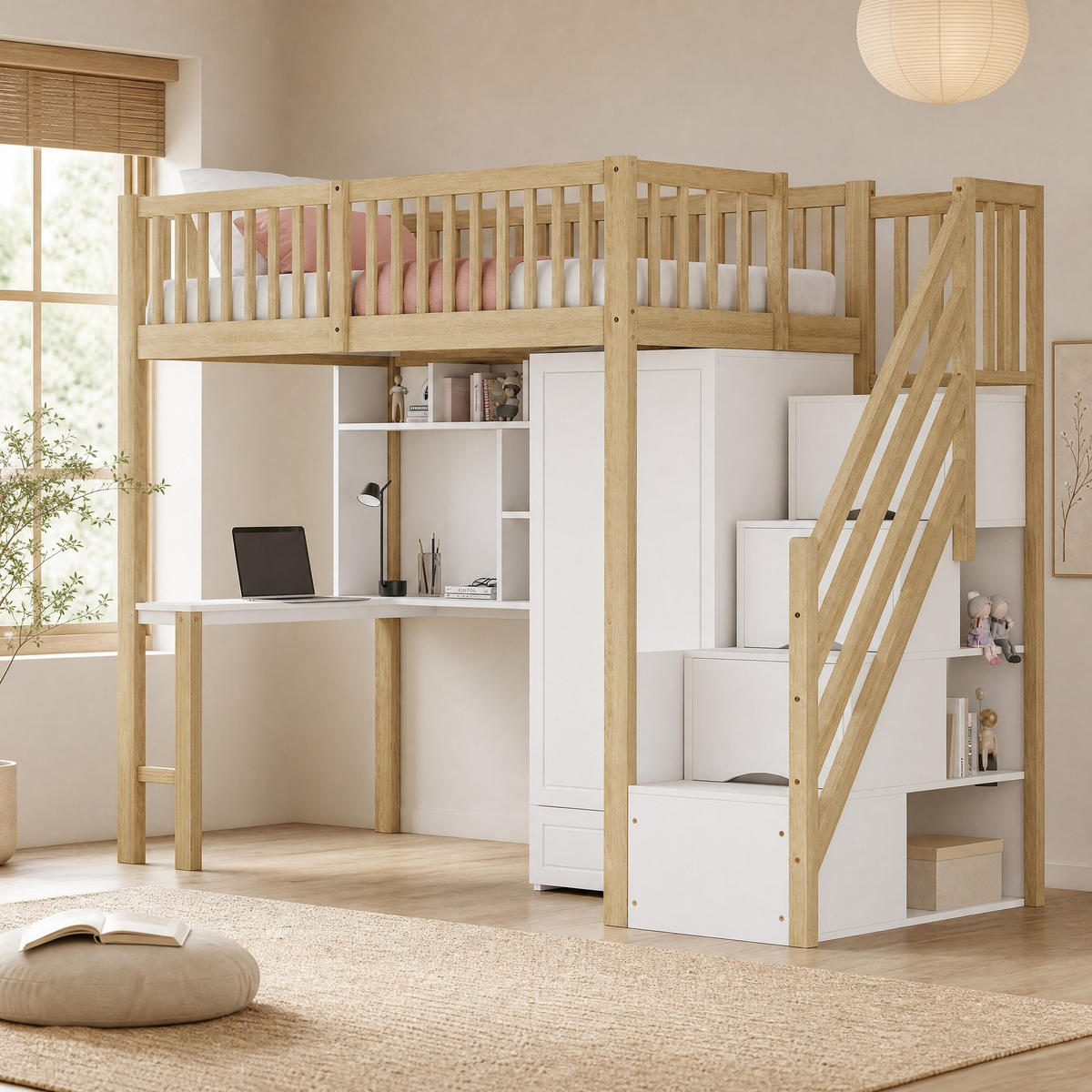 HOCHBETT mit Kleiderschrank und Tisch 90x200 cm Weiß/Holzfarbe 5-tlg. - Wengefarben, Holz (90/200cm) - Meubliv