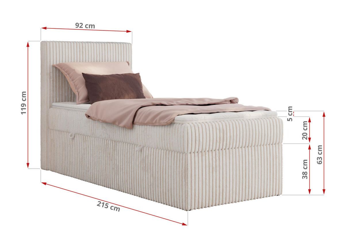 BOXBETT TILIANO 90/200 - Beige Cord - H3 - Visco Topper - Links - Beige, Textil (90/200cm) - MKS