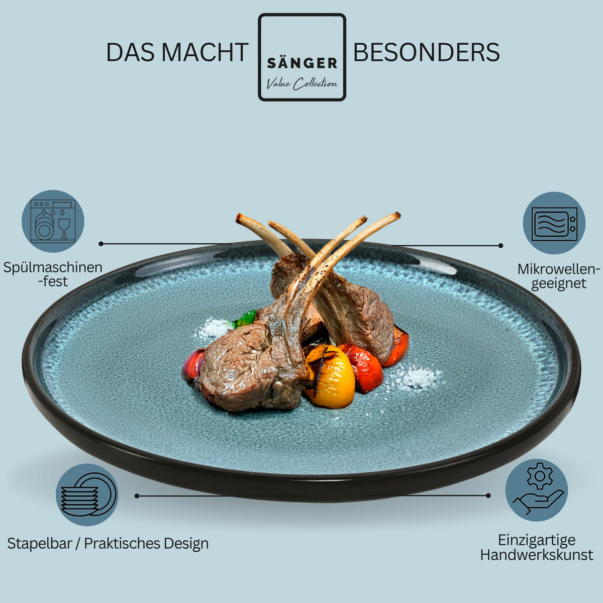 SPEISETELLER SET VIGO - 6 teilig aus Steingut - Blau, Stein (26.5cm) - Sänger
