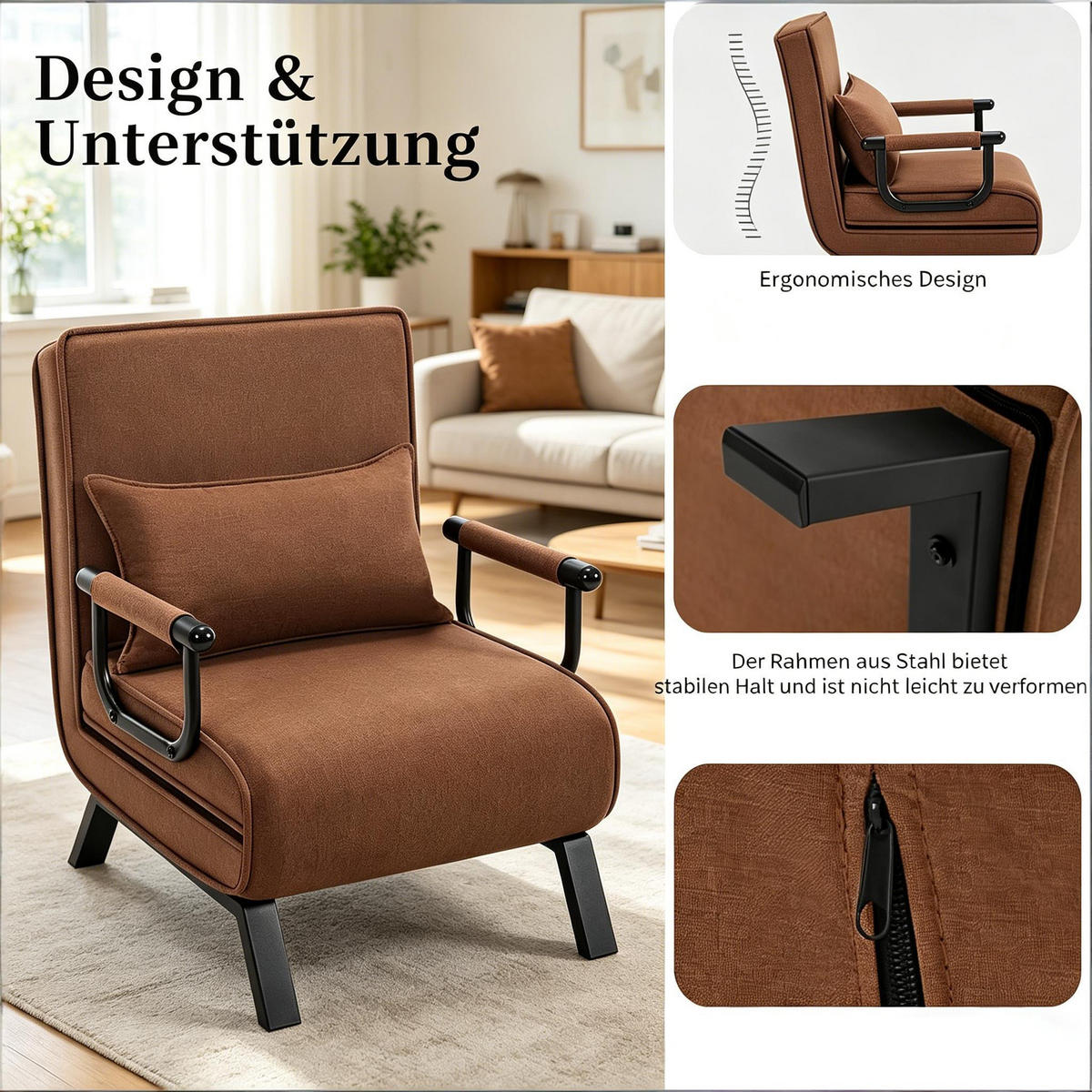 SCHLAFSESSEL 3-in-1, 5-fach verstellbar, DE-42146, Braun - Braun, Metall (75/78/65cm) - ComfortXL