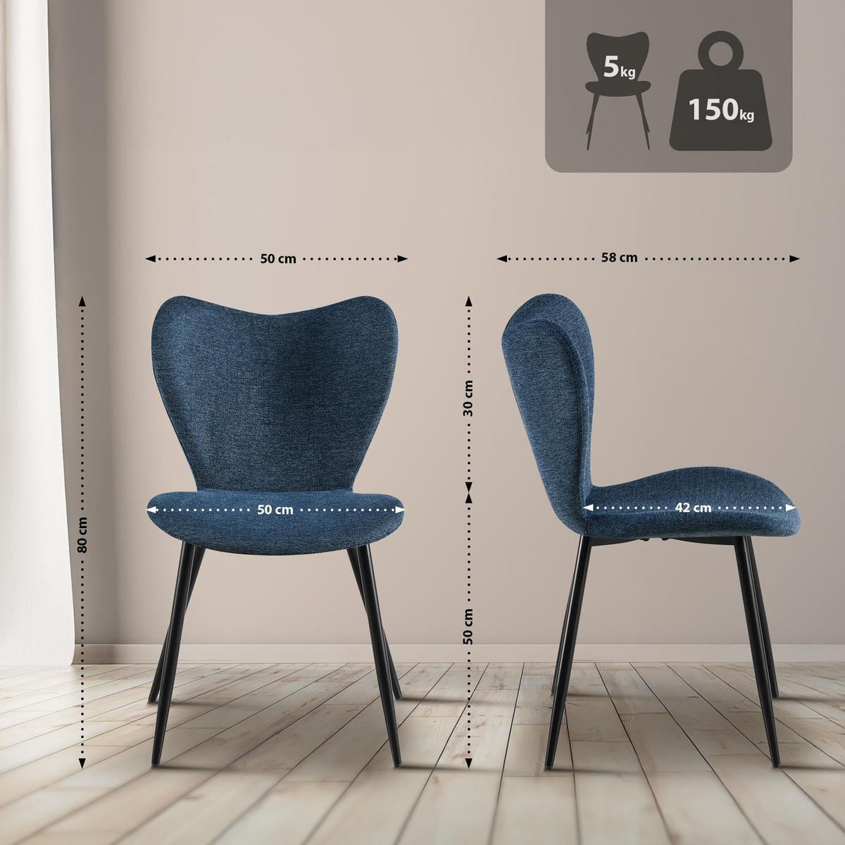 ESSZIMMERSTUHL Stoff Blau - Blau/Schwarz, Textil/Metall (50/80/58cm) - CLP