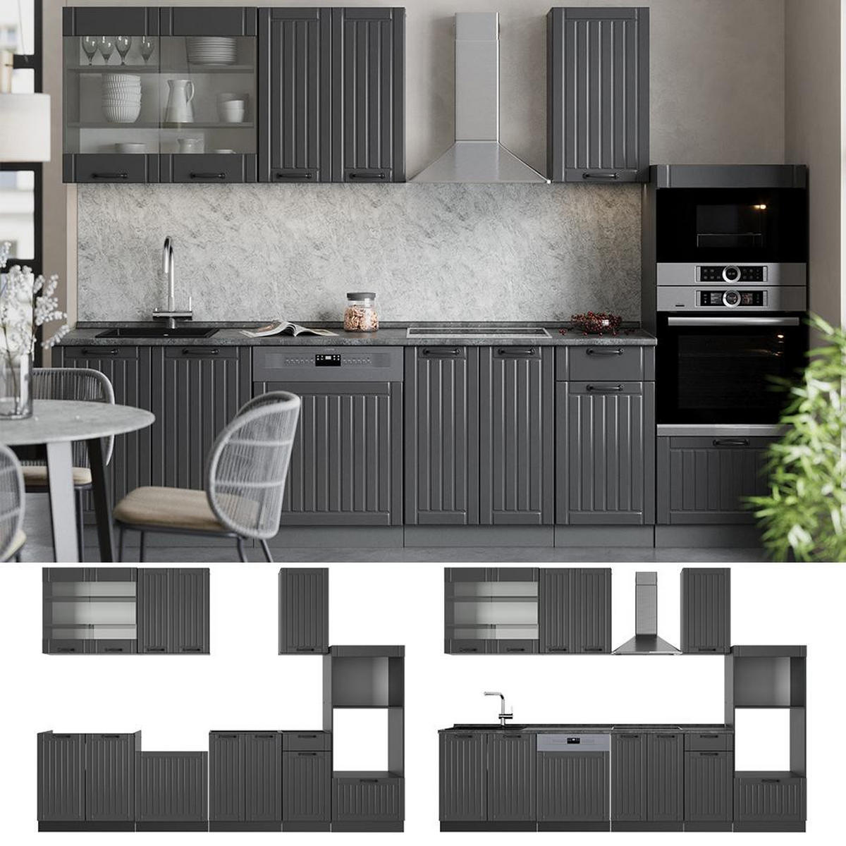 CHICINETĂ Fame-Line Gri închis 300 cm cu dulap înalt, fără blat - gri închis/antracit, compozit lemnos (300/153.6/51.6cm) - Vicco