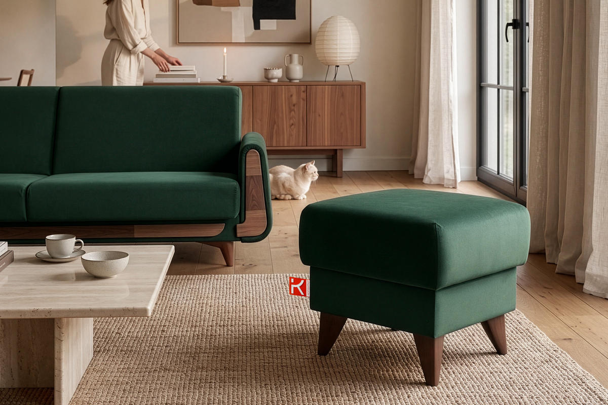 HOCKER GUSTAVO Fußstütze, Velours, Dunkelgrün - Dunkelgrün, Holz/Holzwerkstoff (53/49/53cm) - KONSIMO®