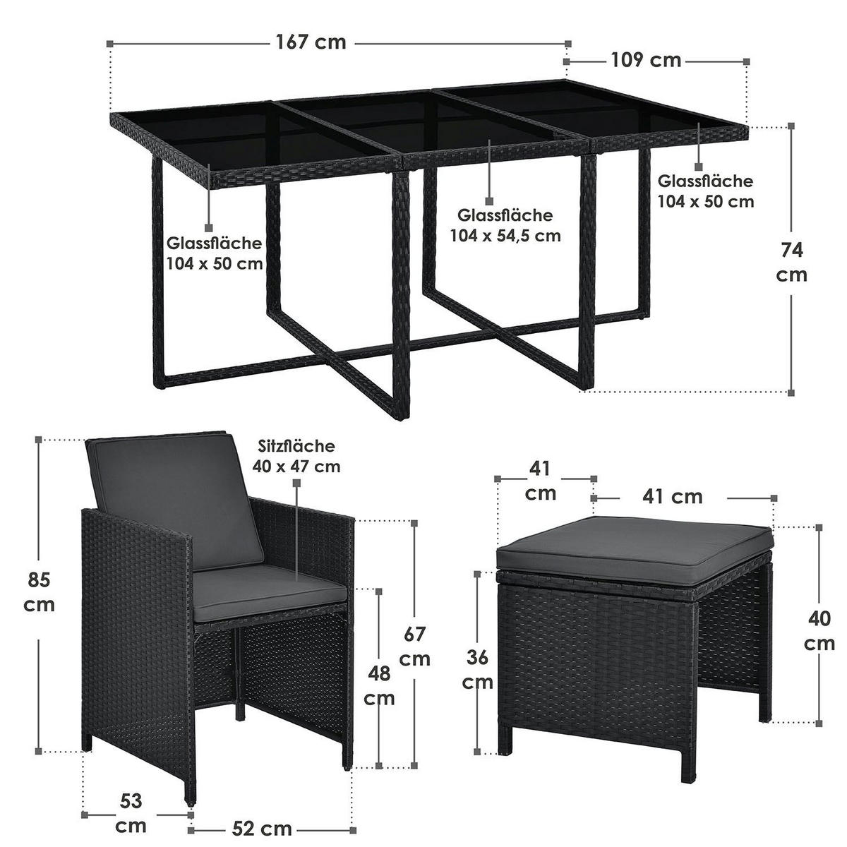 GARTENMÖBELSET Baracoa schwarz 11-tlg. - Schwarz, Kunststoff/Metall - Juskys