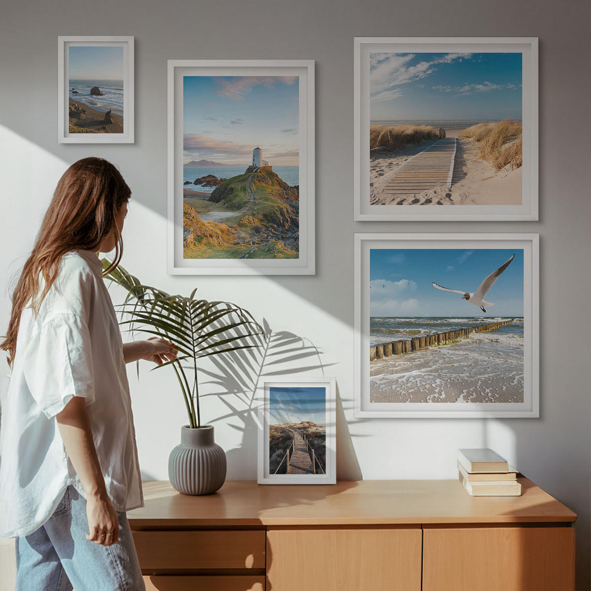 WANDBILDER 5er-Set - 50x50 cm & 20x30 cm & 40x60 cm Weißer Rahmen - Palmen am Meer, blaues Wasser - Weiß, Kunststoff (40/60cm) - ArtPrintCave