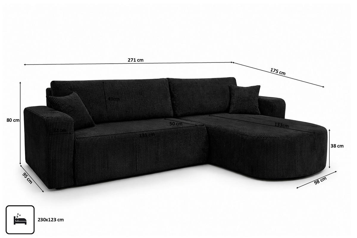 ECKSOFA Mit Schlaffunktion, Cordstoff Poso, Schwarz, Rechts, ROUND ONE XL - Schwarz, Holz (271/175cm) - Kaiser Möbel