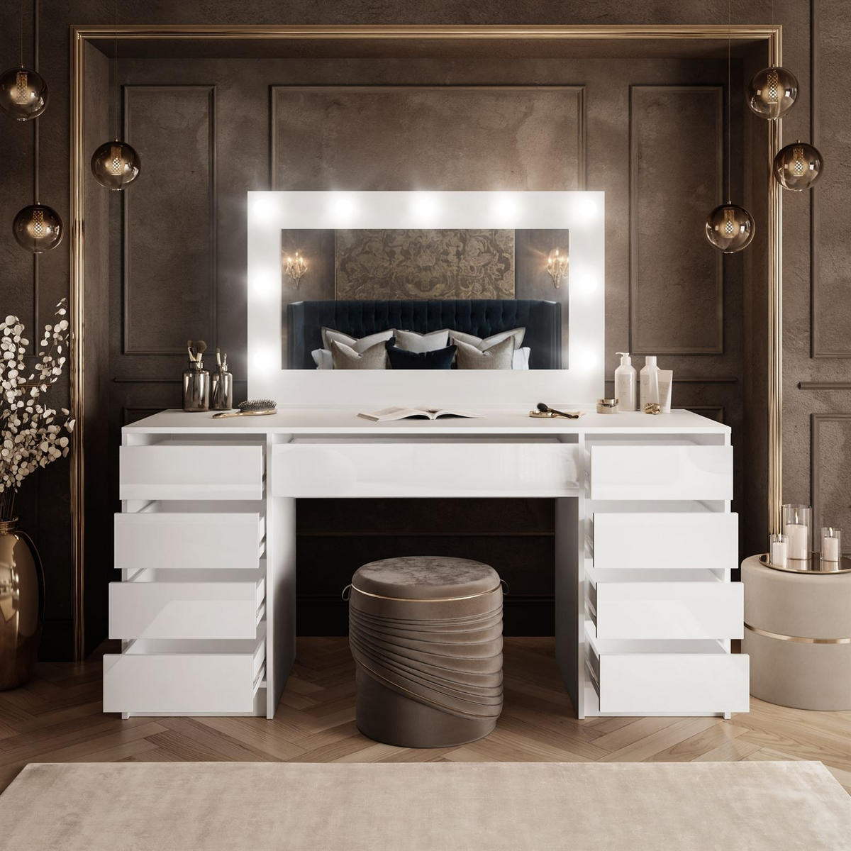 SCHMINKTISCH MADA DOUBLE mit LED-Beleuchtung - Weiß, Holzwerkstoff (152/75/55cm) - Lookway