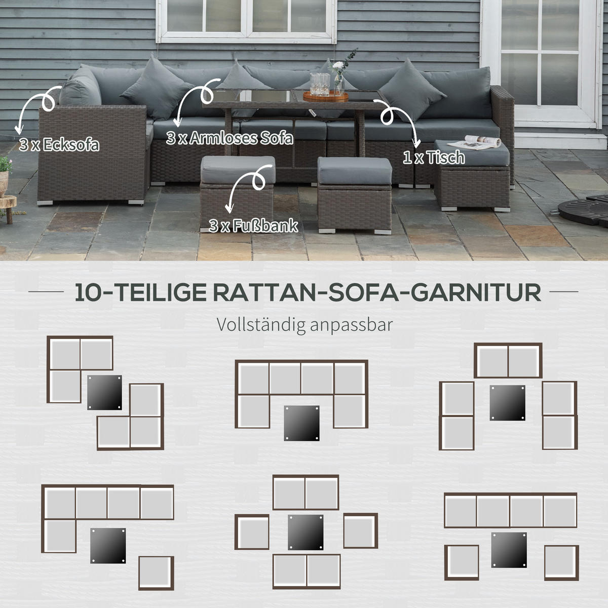 GARTENMÖBEL Set, Stahlrahmen, Dunkelgrau - Dunkelgrau, Metall - Outsunny