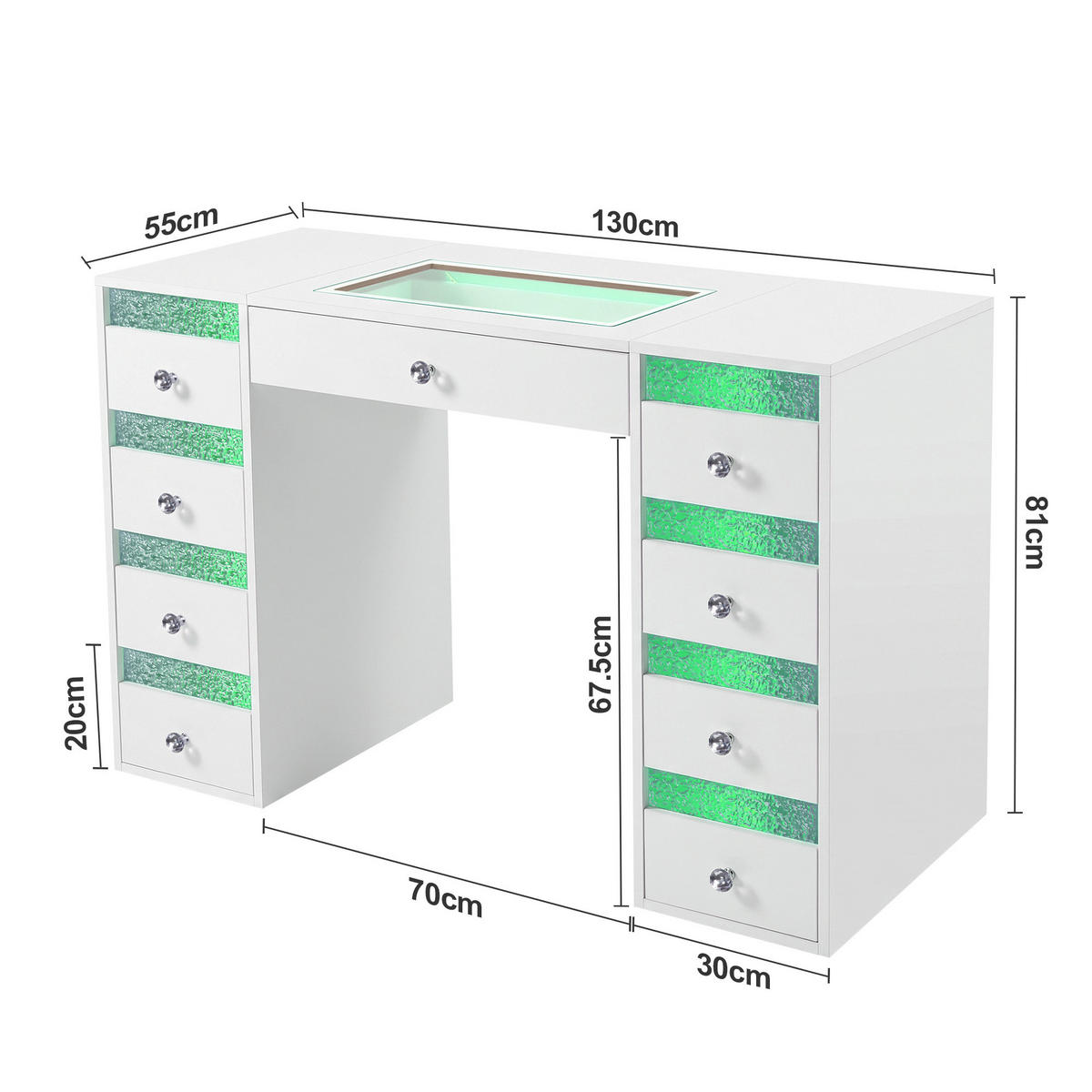SCHMINKTISCH mit Beleuchtung 9 Schubladen Weiβ 130/55/81 CM - Weiß, Metall (130/81/55cm) - VANITII