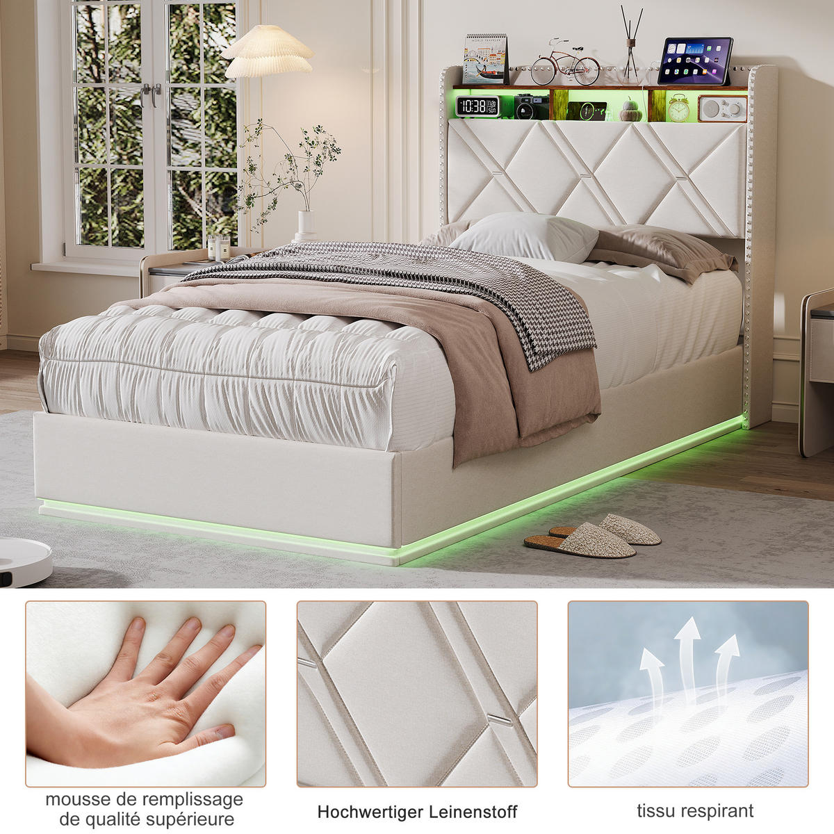 POLSTERBETT 90/200 cm Beige mit hydraulischem Stauraum, LED mit Ablage und USB - Beige, Metall (90/200cm) - EuroLiving