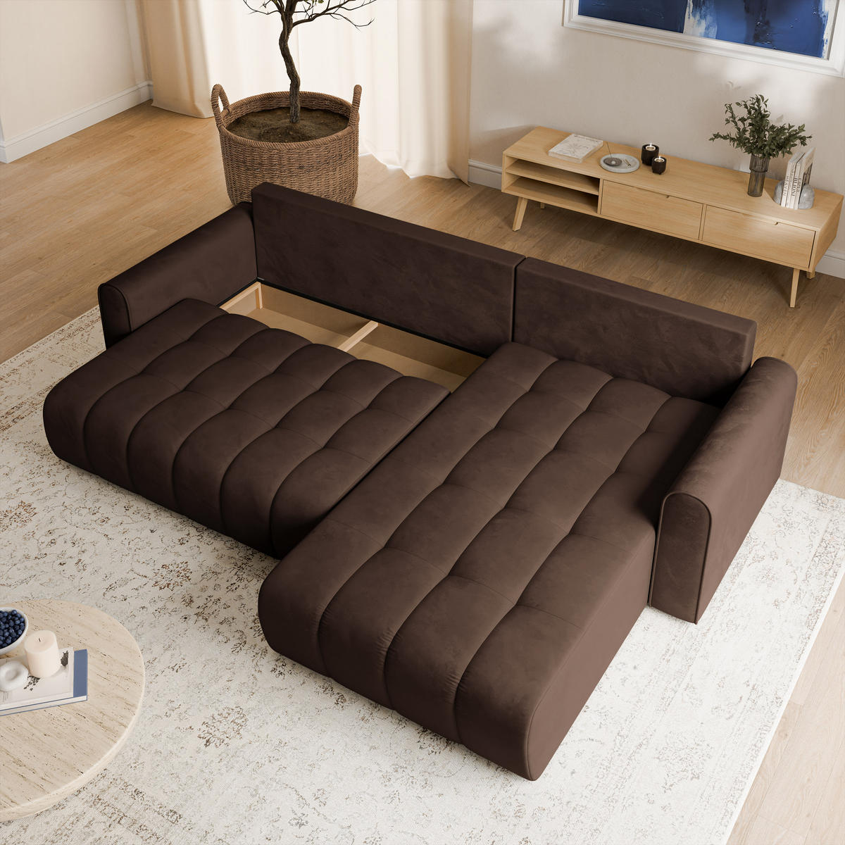 ECKSOFA FRIGA Braun Velours-Stoff mit Schlaffunktion - Braun, Holz (283/185cm) - MASSENO
