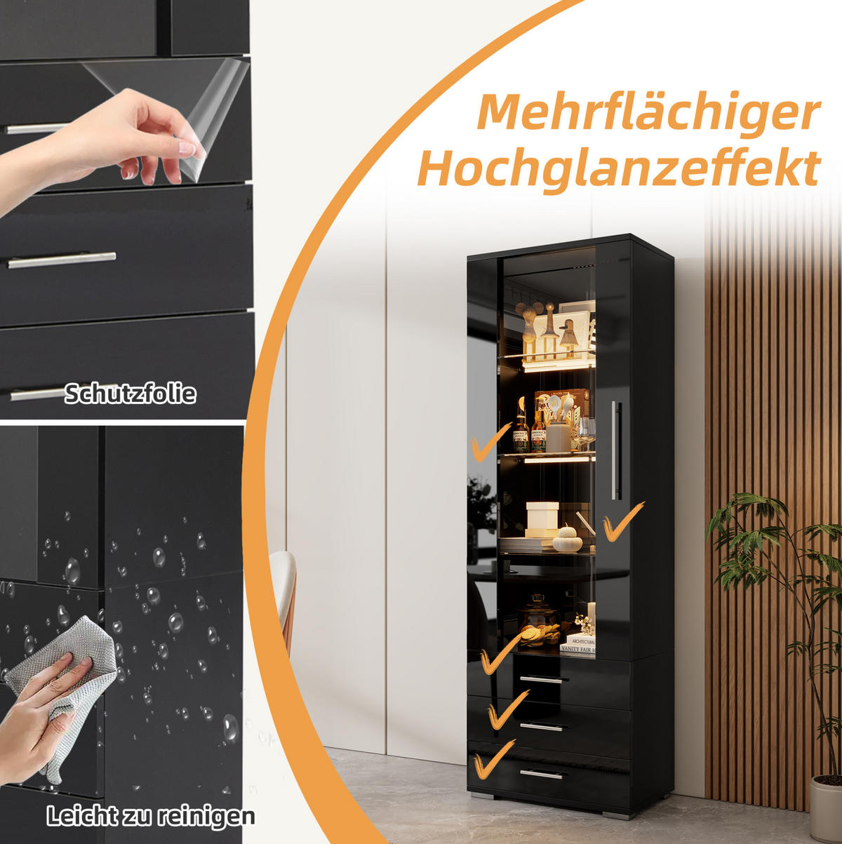 VITRINE 60/35/180 cm in Schwarz mit LED-Beleuchtung und 3 Schubladen - Schwarz, Holzwerkstoff (60/180/35cm) - BEAOK