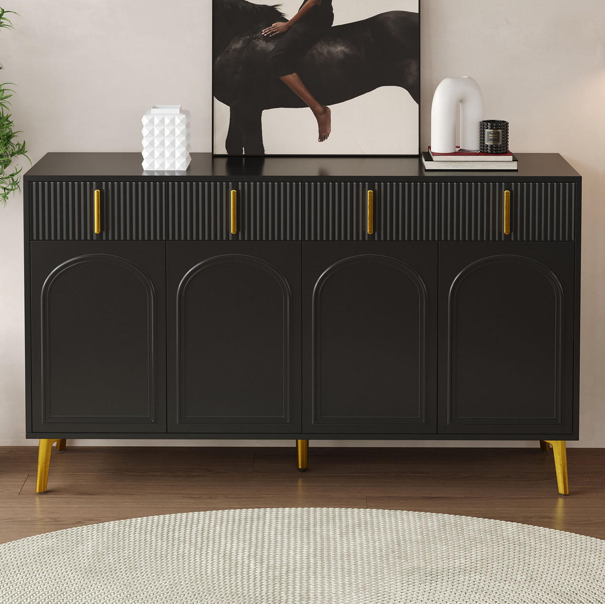 SIDEBOARD mit 4 Türen und 4 Schubladen 140 x 38 x 82 cm Schwarz - Schwarz, Holzwerkstoff (140/82/38cm) - Meubliv