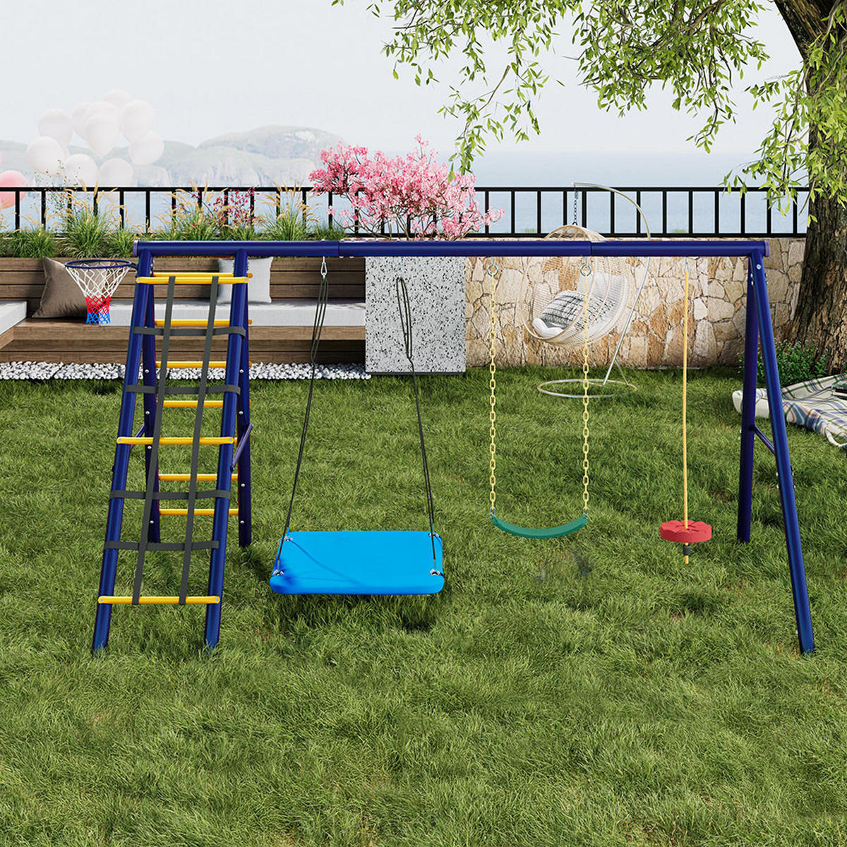 OUTDOOR-SCHAUKEL-SET mit 3 Schaukeln，Antikblau - Dunkelblau, Metall (174/310cm)