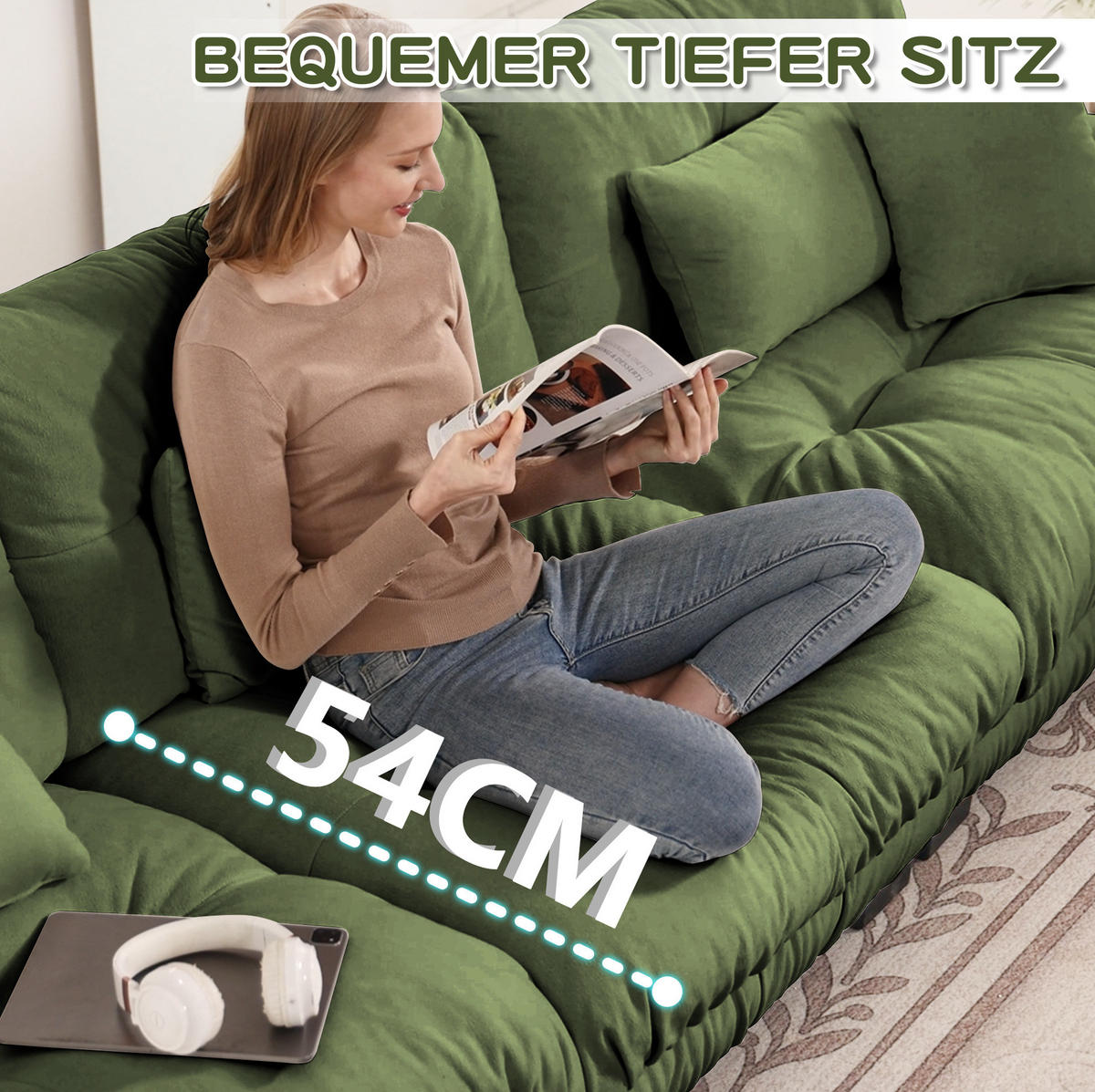 ECKSOFA 406/145/81 cm grün aus Chenille mit modularem Ottoman und Cloud-Komfort - Grün, Textil (145/406cm) - OKWISH