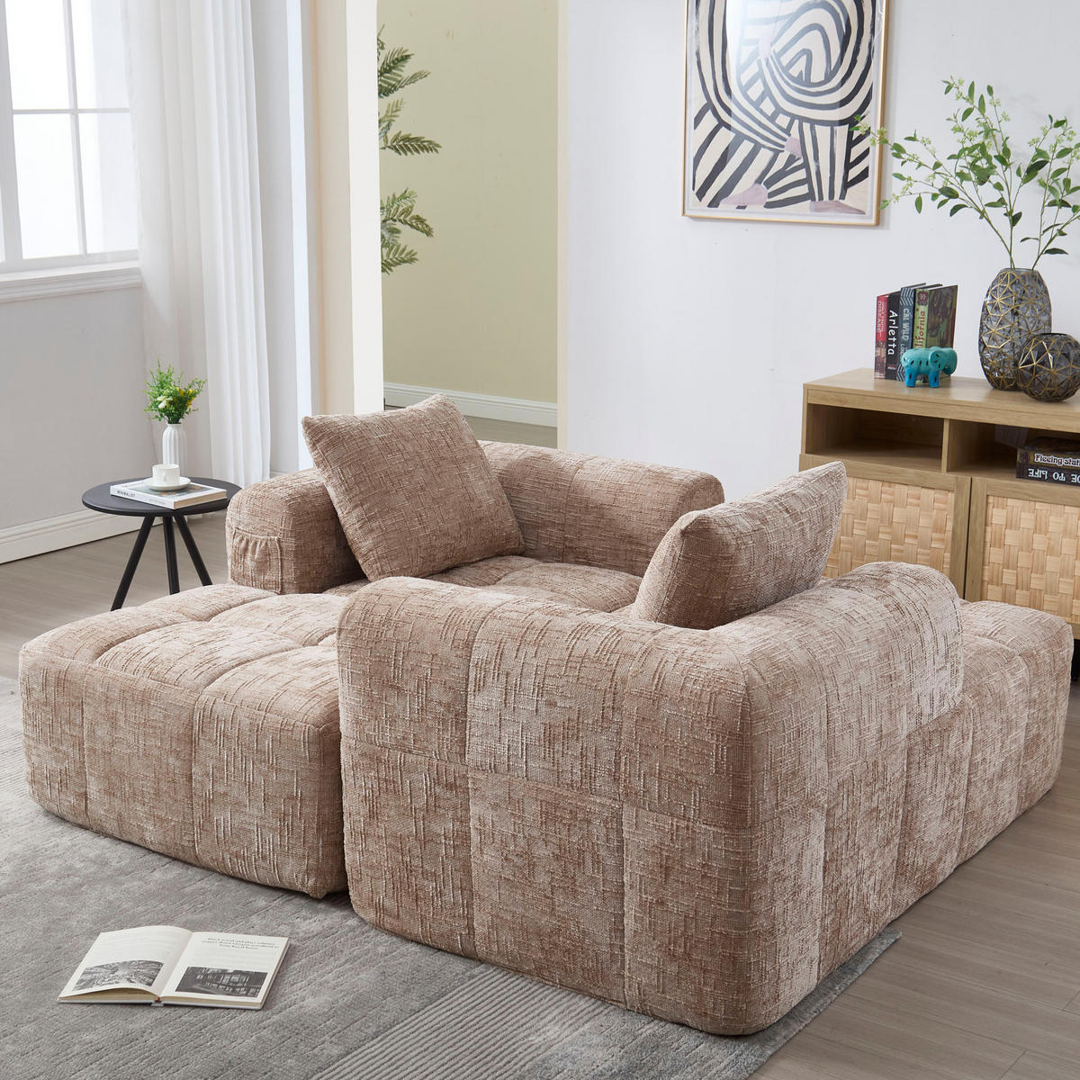 ECKSOFA 250/158/60 cm ohne Montage mit Chaiselongue, Seitentaschen und 3 Kissen aus Chenille, Khaki - Naturfarben, Textil (158/250cm) - Redom