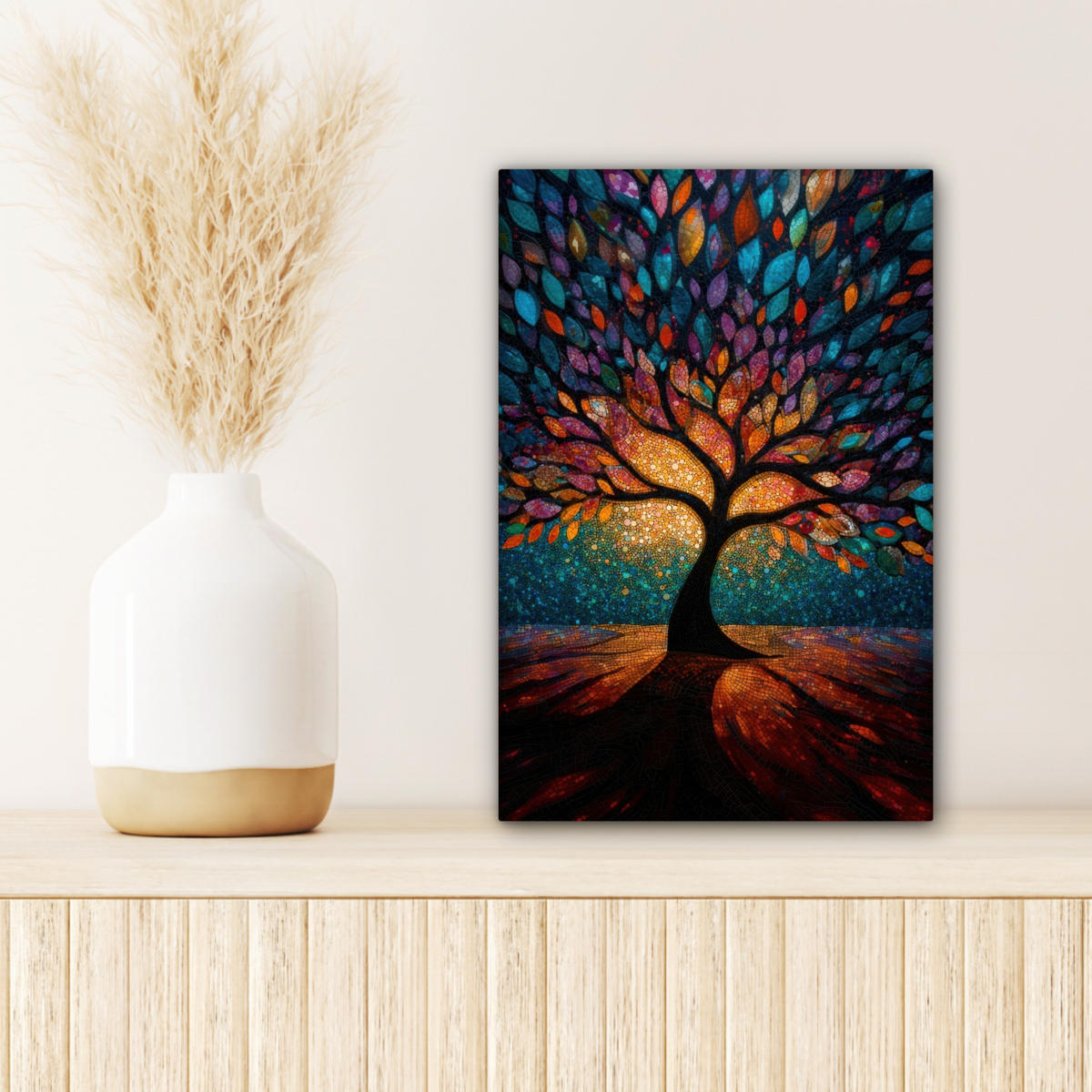 LEINWANDBILD Mosaik - Bunt - Baum - Äste Deko Wohnzimmer 20x30 cm - Multicolor, Textil (20/30cm) - MuchoWow