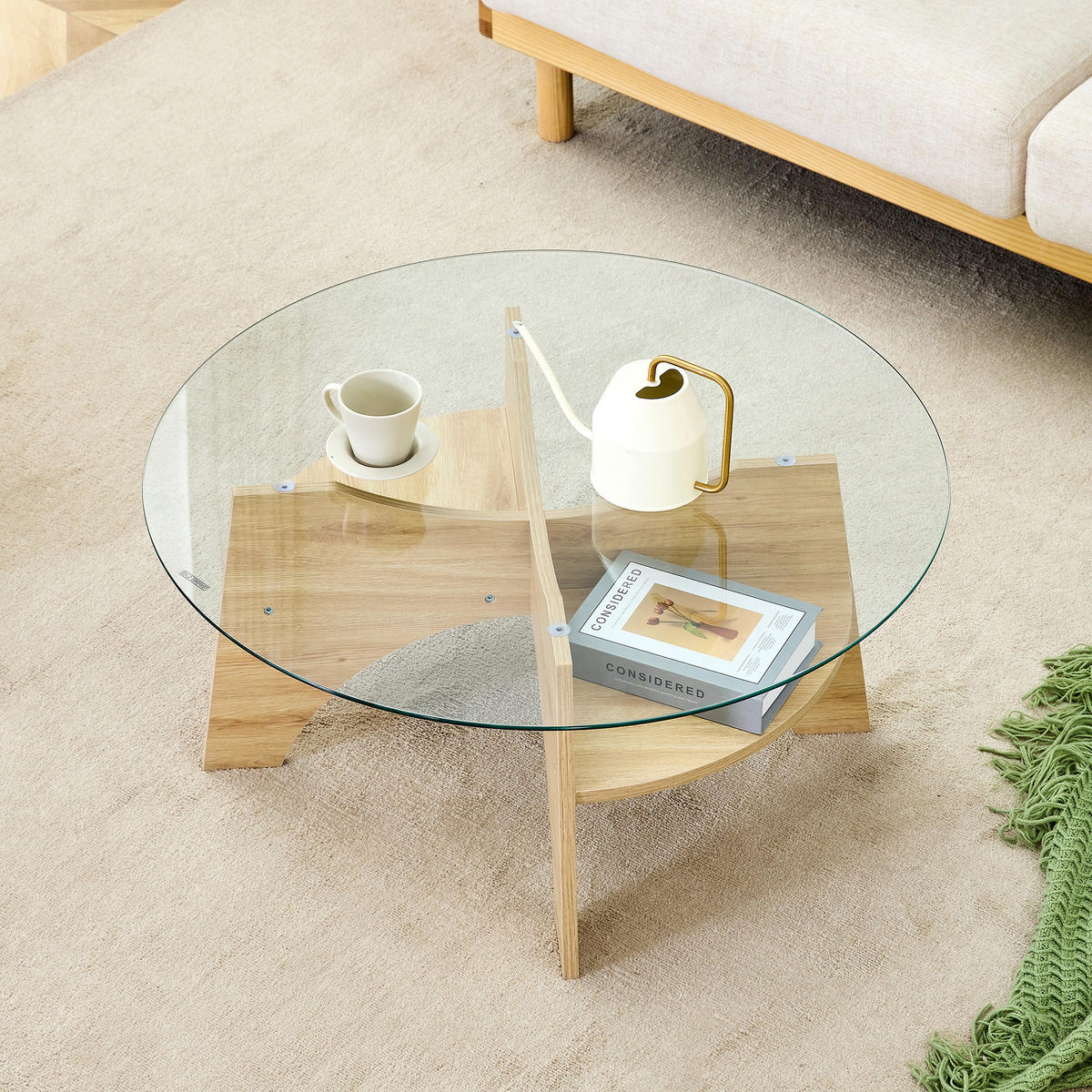 COUCHTISCH in Naturfarbe Moderner runder Beistelltisch für Esszimmer und Wohnzimmer, Ø80/H36 cm - Transparent/Naturfarben, Glas/Holzwerkstoff (80/80/36cm) - STILVORA