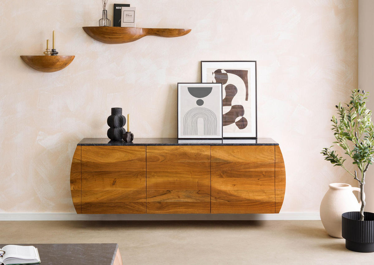 SIDEBOARD Akazie 184x40x75 natur lackiert / Marmor schwarz MONTREAL #127 - Braun, Holz (184/75/40cm) - Massivmoebel24