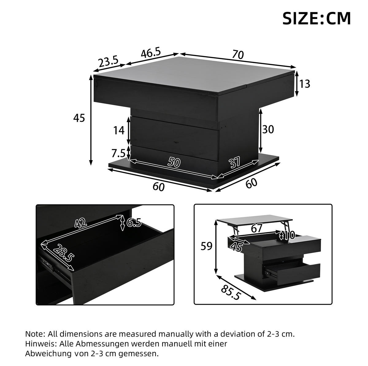 COUCHTISCH 70/70/45 cm schwarz aus Spanplatte mit Hebefunktion und 360° Drehplatte - Schwarz, Holzwerkstoff (70/70/45cm) - OKMYHOME