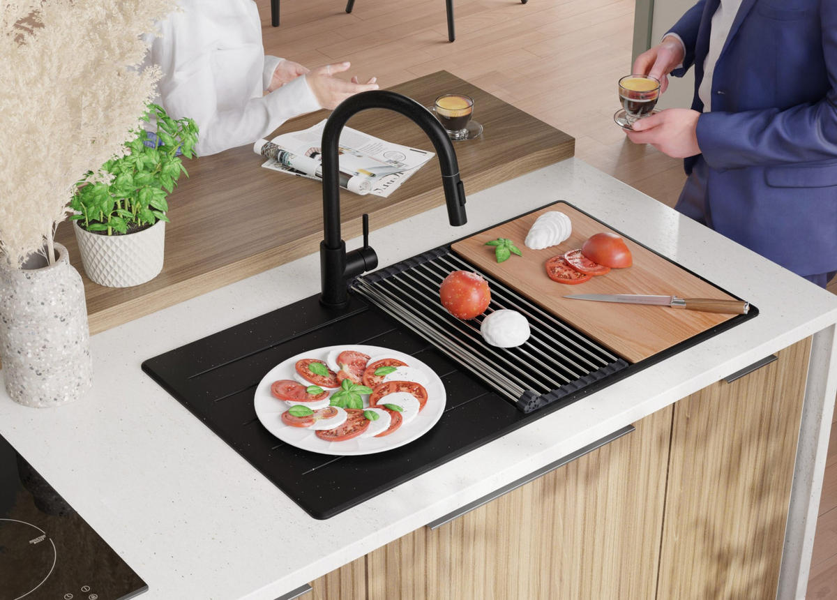 SPÜLBECKEN Kopenhagen, 2-er set Schwarz Metallic 90/50 cm 1 Becken + Ablauf-Set + Schneidebrett ab 60er Unterschrank - Chromfarben/Schwarz Hochglanz, Kunststoff (90/20/50cm) - Primagran