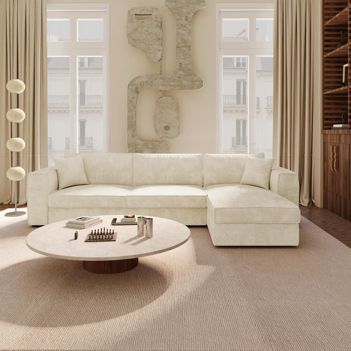 ECKSOFA rechtwinklig MIKA Köpergewebe mit weichem Griff Creme 292cm - Creme, Textil (292/100cm) - Premium Interiors