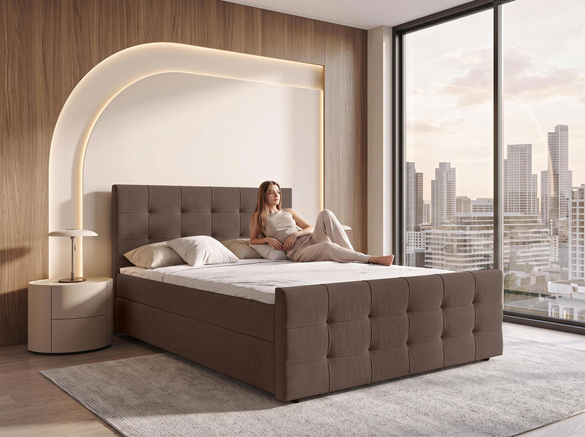 BOXBETT DEFNE 160x200 cm mit Fußteil und Matratze - Braun + TOPPER - Schwarz/Braun, Holz/Holzwerkstoff (160/200cm) - AX Living