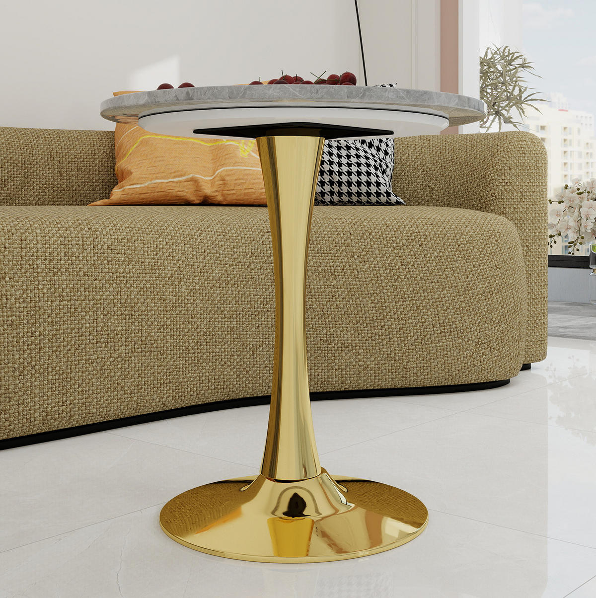 BEISTELLTISCH 70/70/72 cm vielseitig einsetzbar mit runder Marmoroptik und modernem Design, Goldfarben - Goldfarben, Stein (70/70/72cm) - Redom