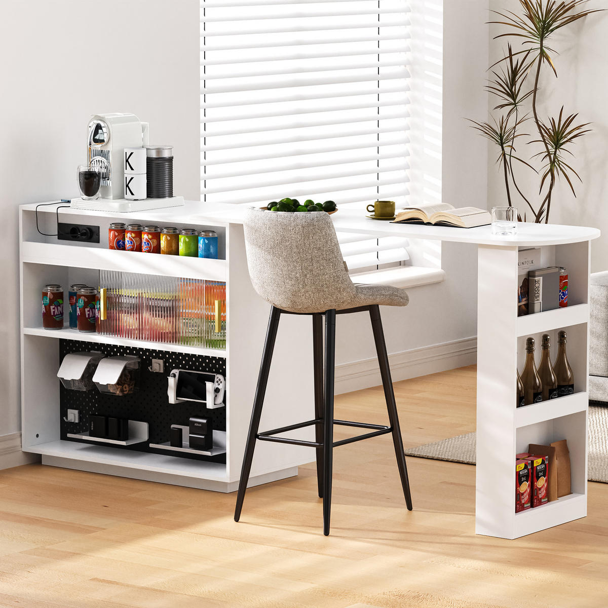 BARTISCH 120×50×95,5 cm aus MDF+Spanplatte mit Streifenglas, LED & USB-Ladestation, weiß - Weiß, Holzwerkstoff (120/50/95.5cm) - Luhomfu