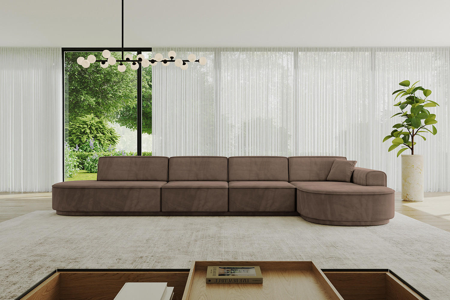 ECKSOFA Ottomane Rechts MARI-L3-v3 - 413x171x83 cm Braun Velours - Schwarz/Braun, Holzwerkstoff/Kunststoff (171/413cm) - ALTDECOR