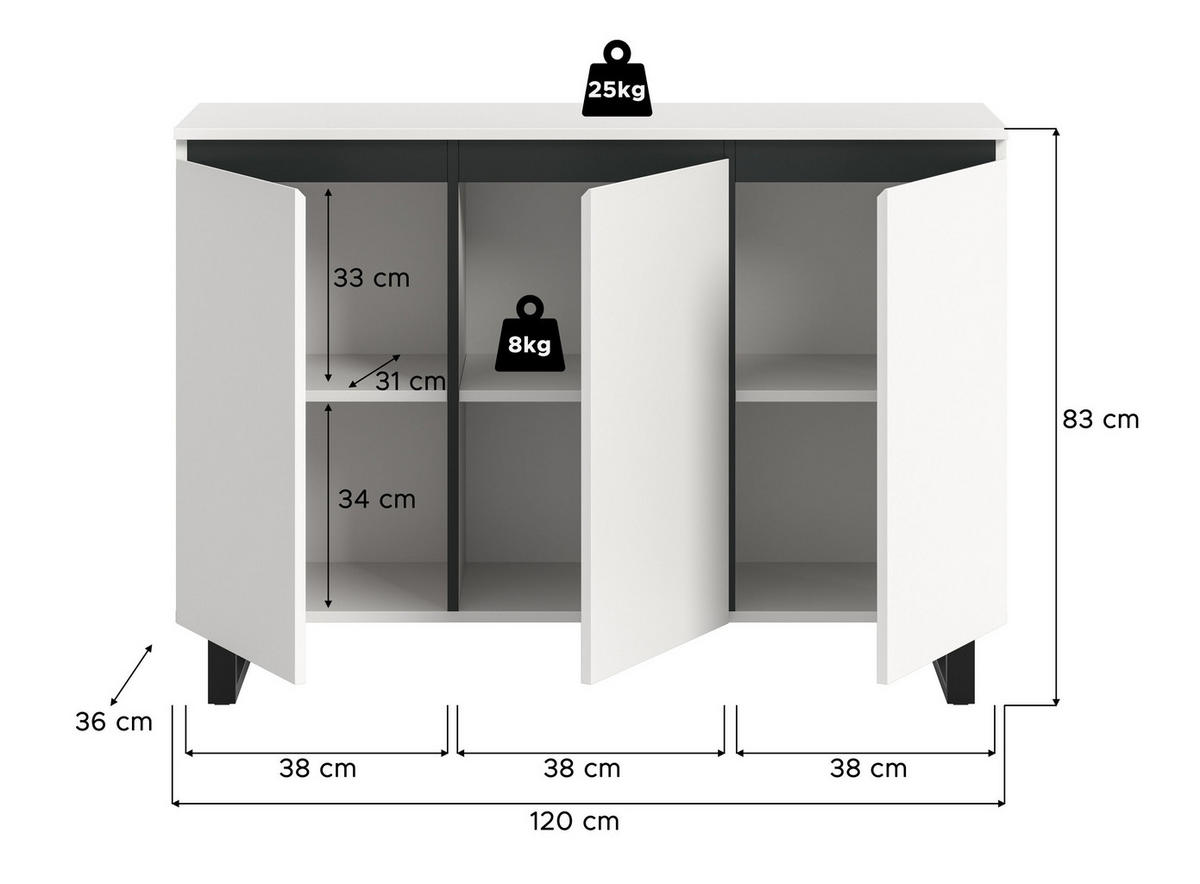 SIDEBOARD Estela (B/H/T: ca. 120/84/36 cm) in weiß/weiß - Weiß, Holzwerkstoff (120/84/36cm)