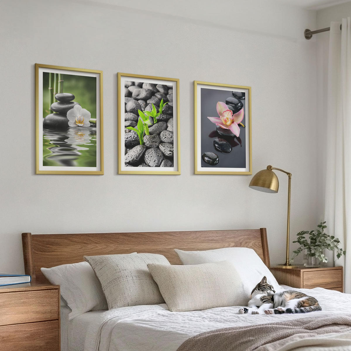 WANDBILDER 3er Set - 40x60 cm Goldrahmen - Eine ruhige Zen-Komposition aus Blumen und Wasser - Goldfarben, Kunststoff (40/60cm) - ArtPrintCave