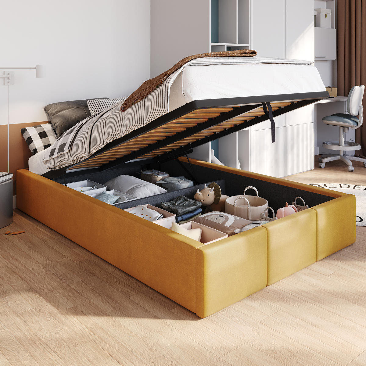 POLSTERBETT für Schlafzimmer Bett mit Stauraum Gelb 120x200cm - Gelb, Holzwerkstoff/Textil (120/200cm) - Muralo