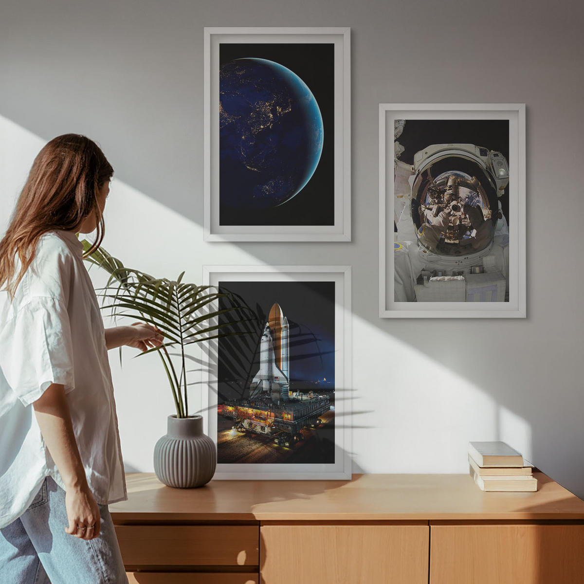 BILDER SET 3er Set - 40x60 cm Weißer Rahmen - Weltraum Erde Astronaut Rakete - Weiß, Kunststoff (40/60cm) - TULUP