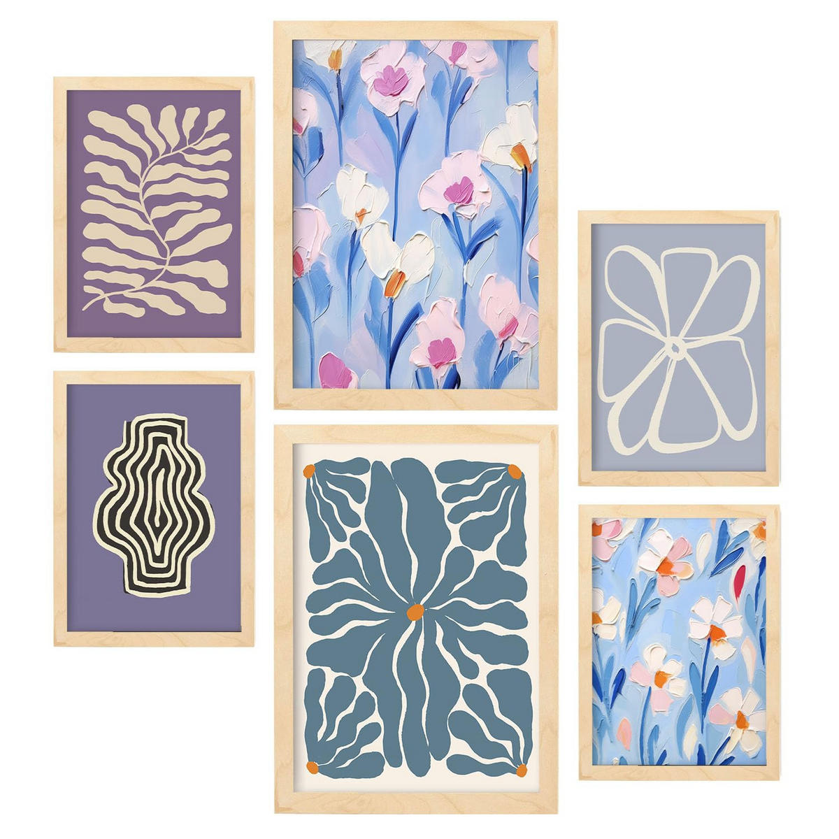 POSTER Set Mit 6 Blaue & Lila Zusammenfassungen A3 & A4 Rahmen Aus Hellem Holz - Beige, Papier (29/3cm) - Nacnic