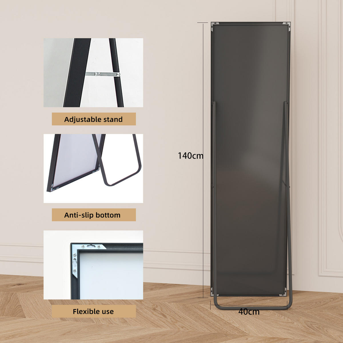 STANDSPIEGEL 140x40 cm Metallrahmen rechteckig schwarz - Schwarz, Holz (40/140/3cm) - LEBENLANG