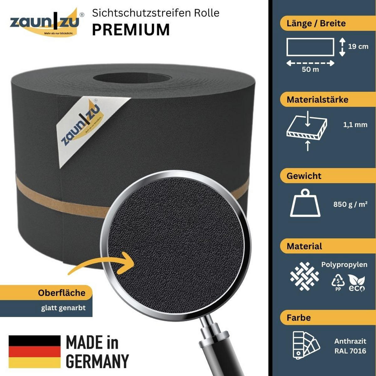 SICHTSCHUTZSTREIFEN Premium für Doppelstabmatten Zaunblende Anthrazit, 50m - Anthrazit, Kunststoff (5000/19cm) - ZAUN|ZU