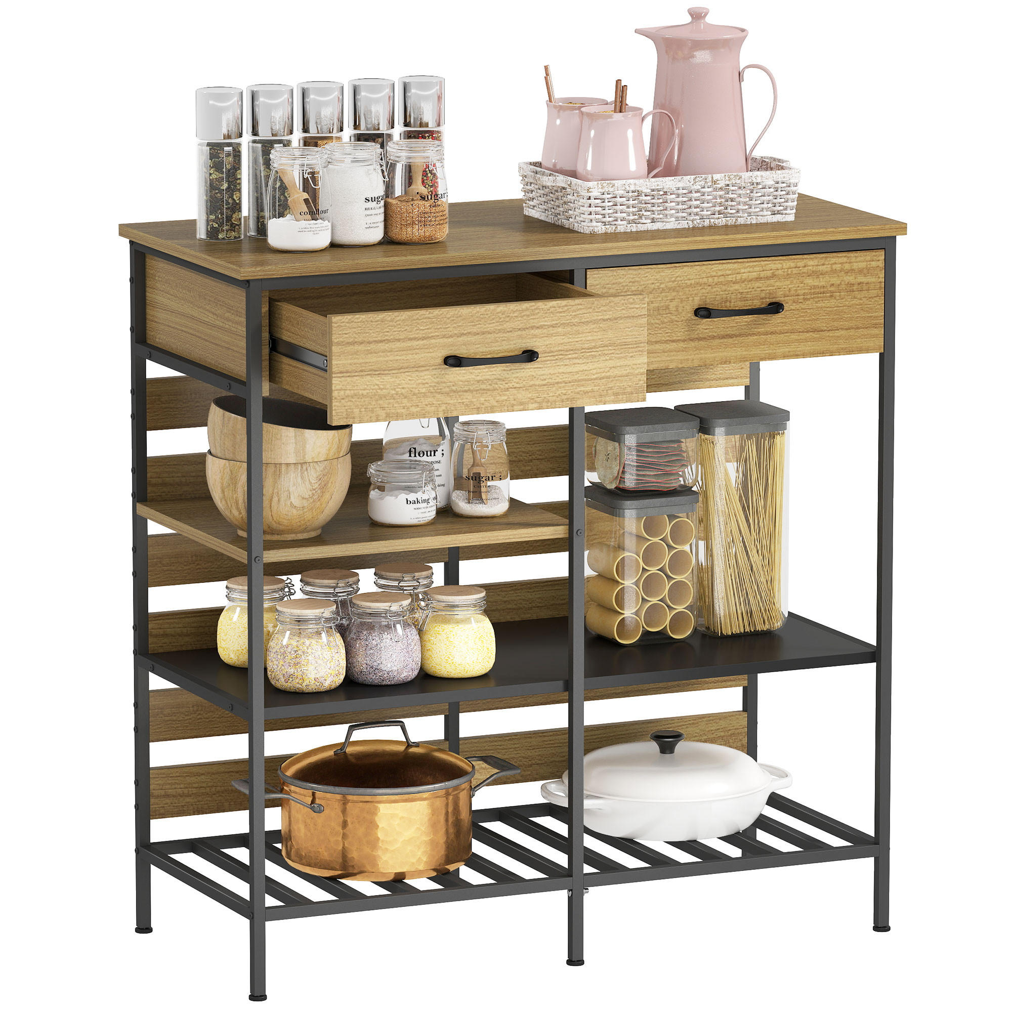 SIDEBOARD DE-11223 2 Schubladen & 3 offene Fächer Naturholz/Schwarz - Naturfarben, Holzwerkstoff (90/91/40cm) - ComfortXL